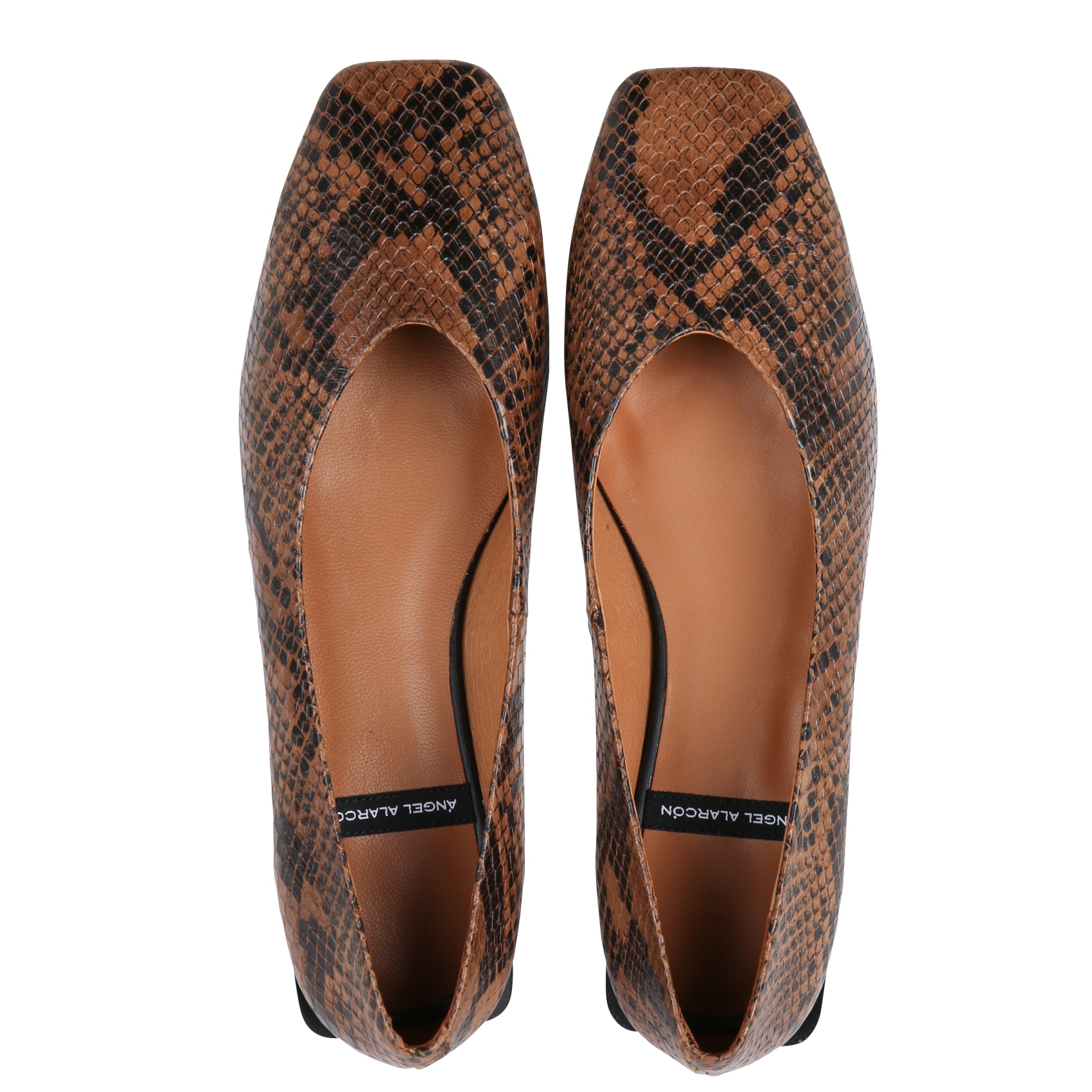 Square-toe Python Ballerina Flats in Leather ANGEL ALARCON Brown