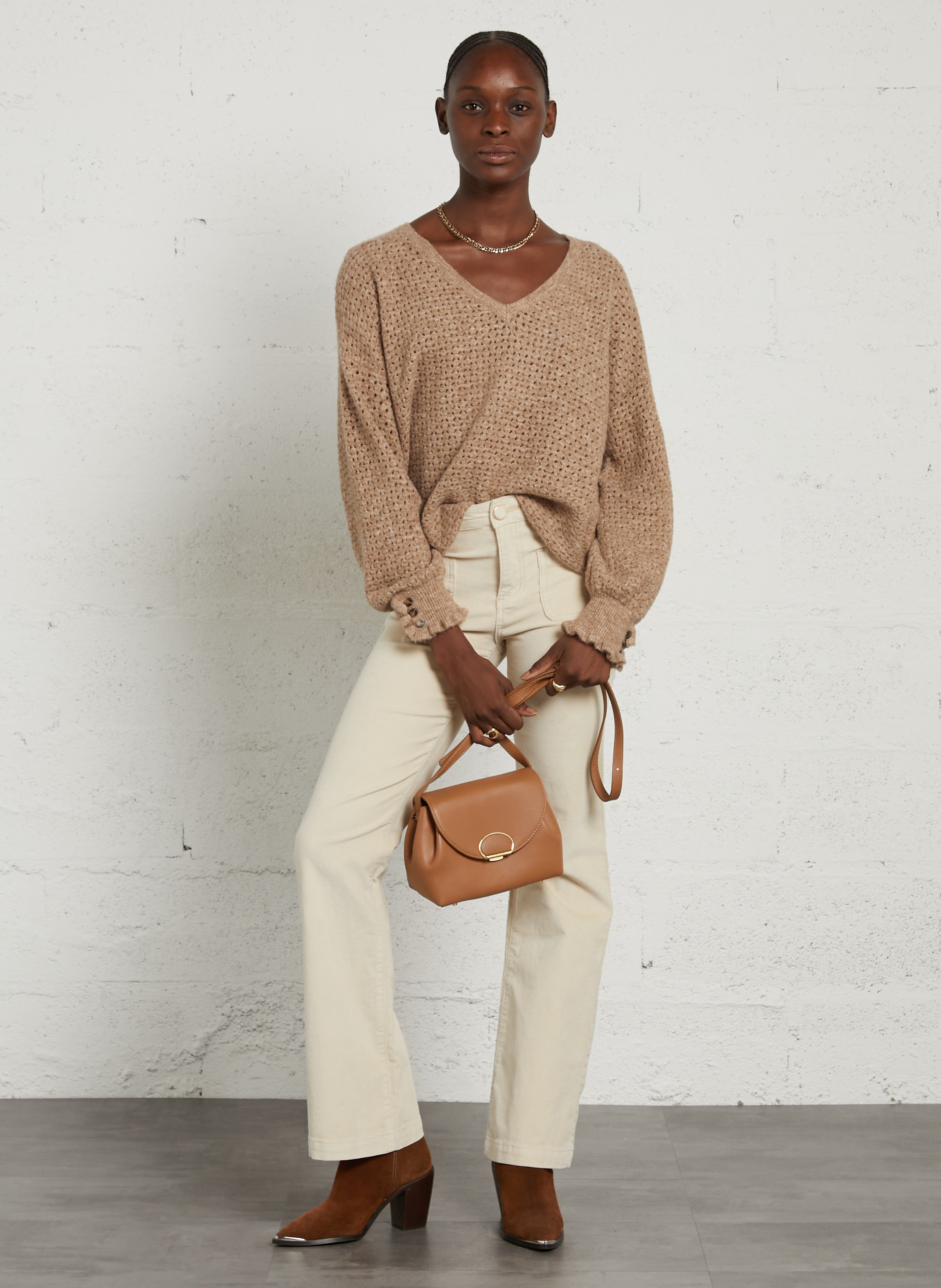 Jeans met hoge taille en uitlopende pijpen | katoenblend LA PETITE ETOILE Beige