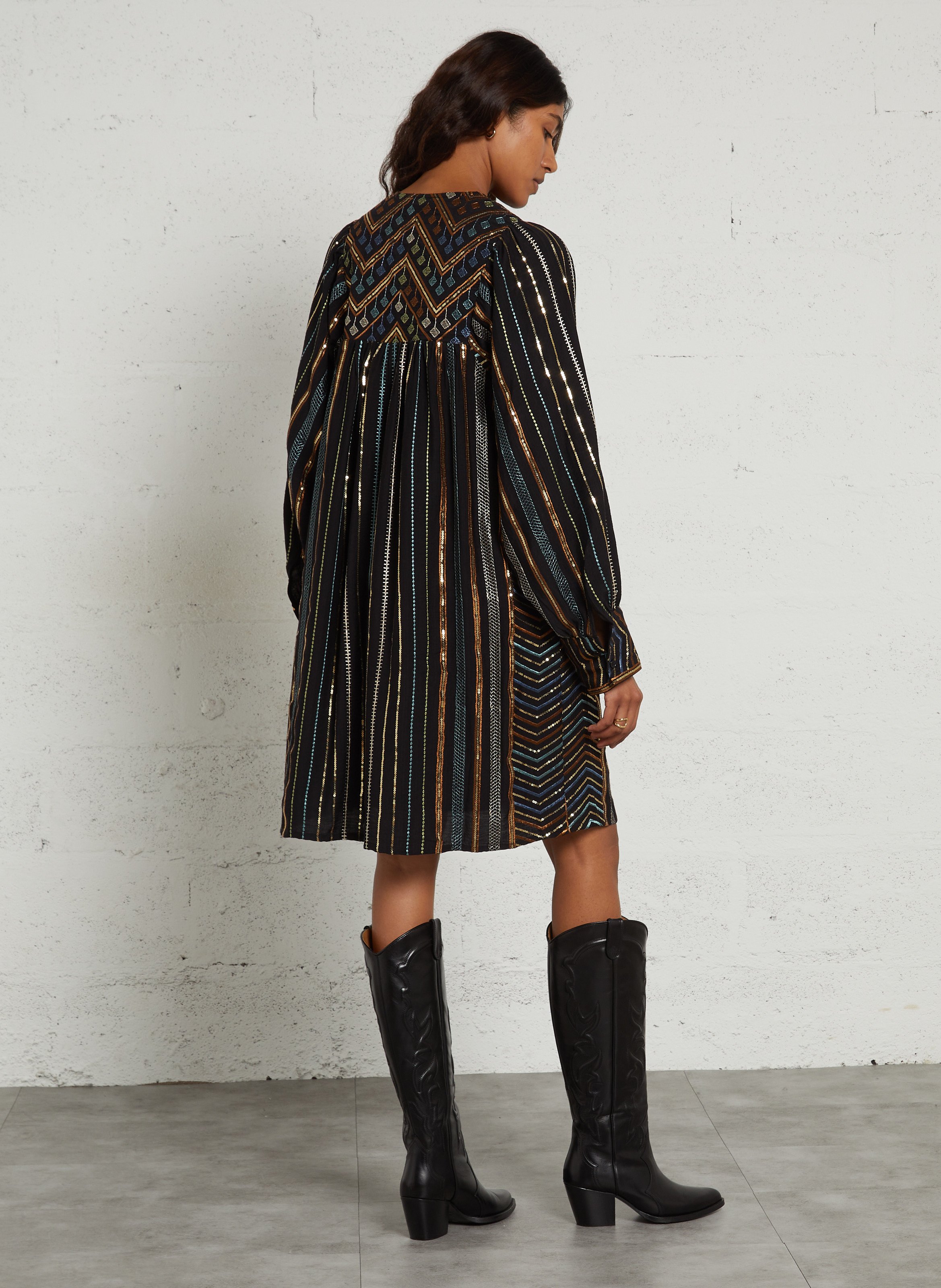 Kurzes, weites Kleid mit Stickmotiven SEE U SOON Schwarz