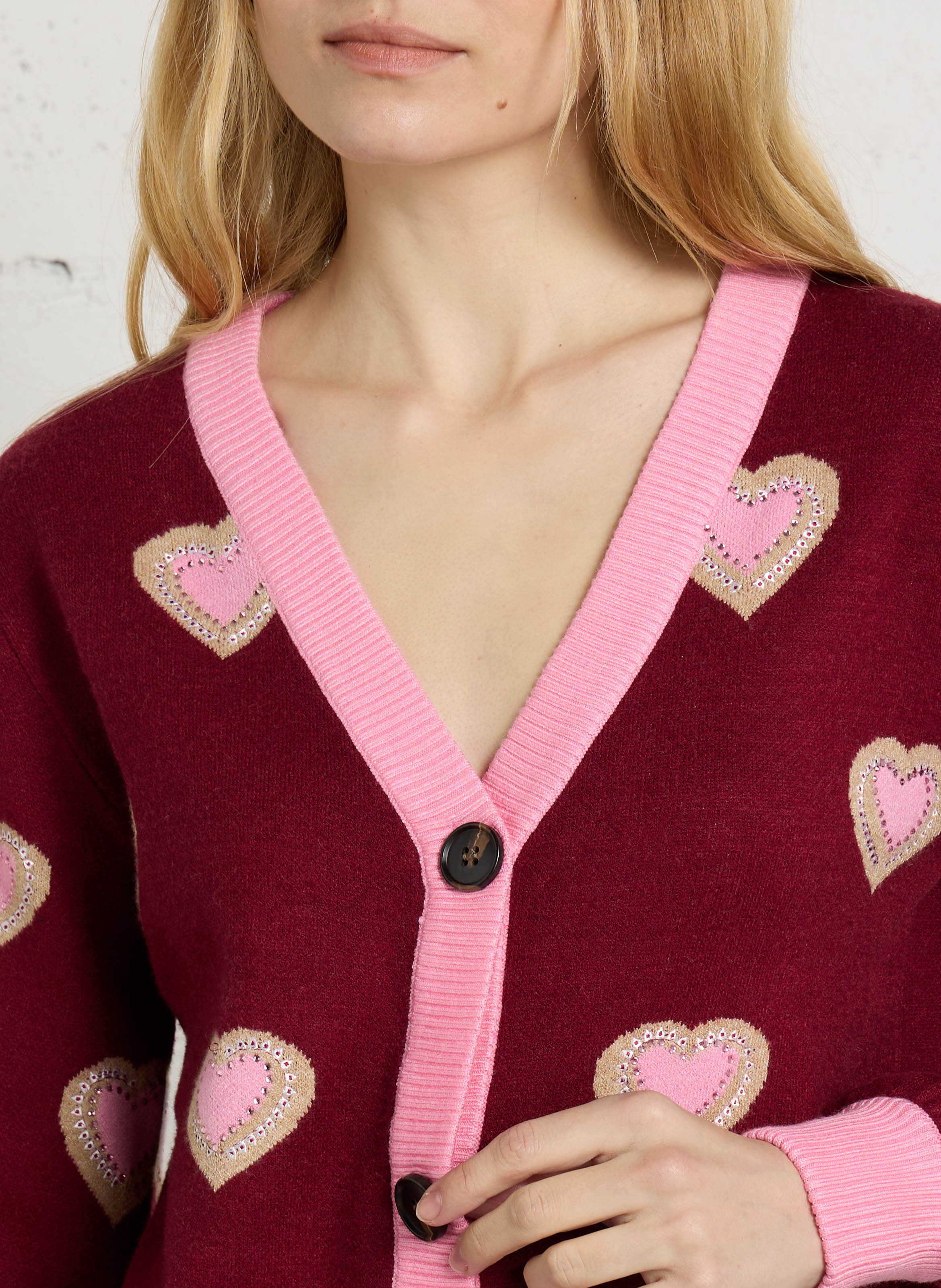 Straight V-neck cardigan with rhinestone print NEVER FULLY DRESSED Red