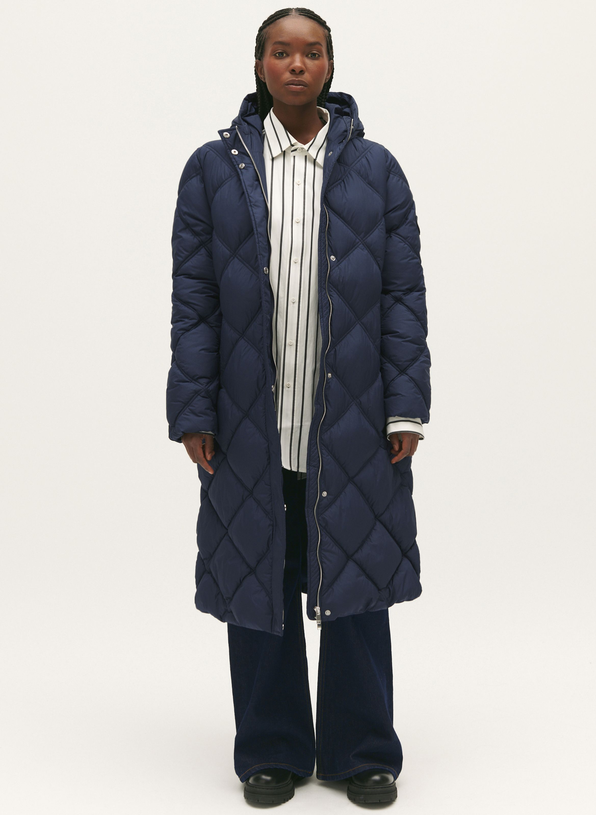 Blue Quilted down jacket with hood