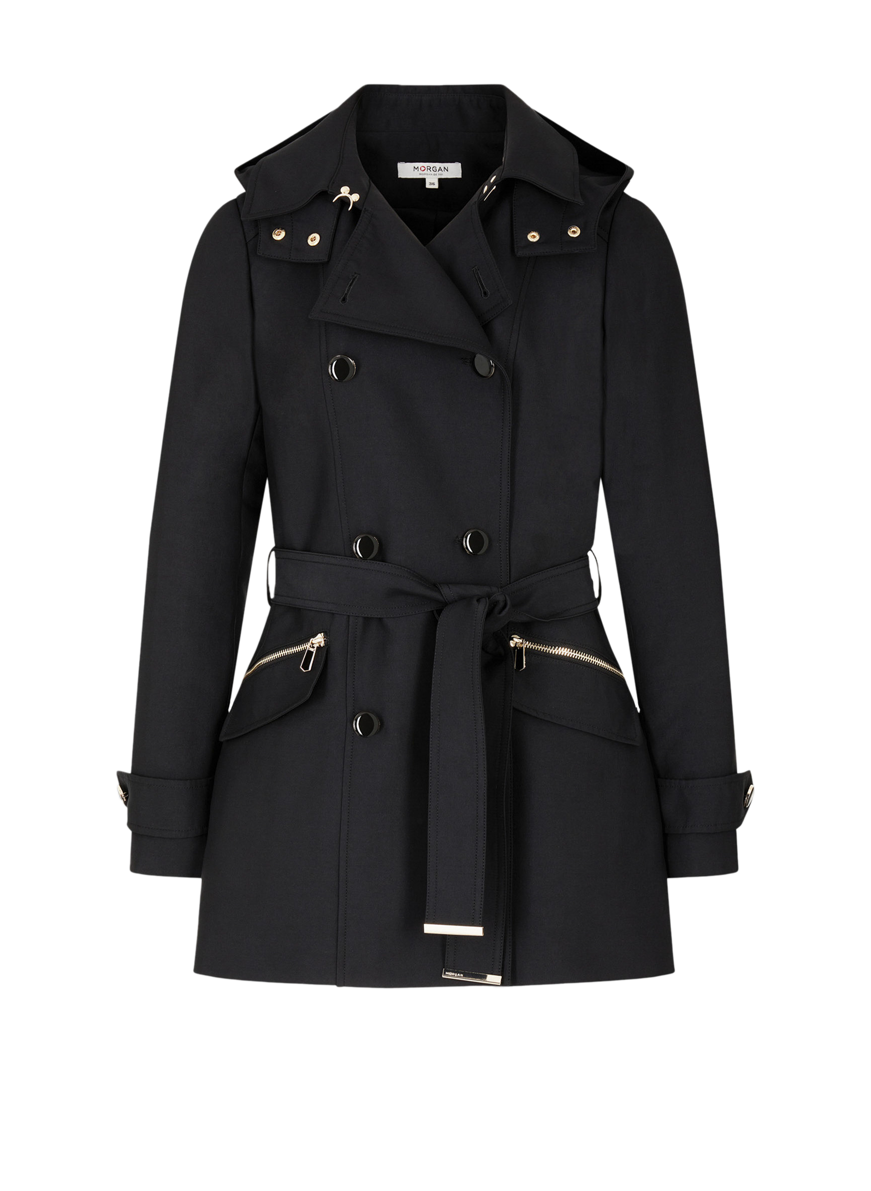Getailleerde trenchcoat met reverskraag en capuchon MORGAN Zwart