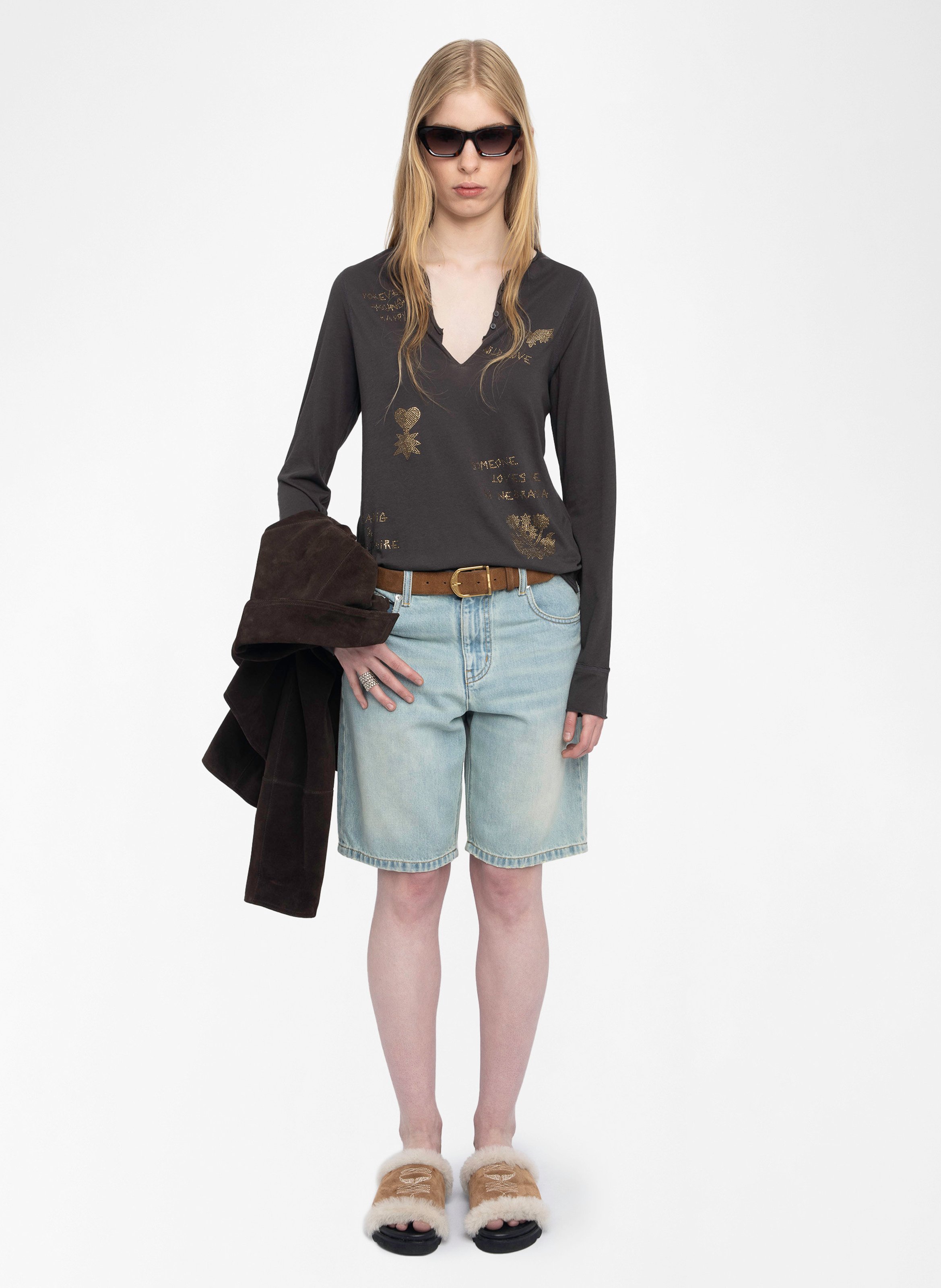 Tee-shirt droit manches longues à strass Marron