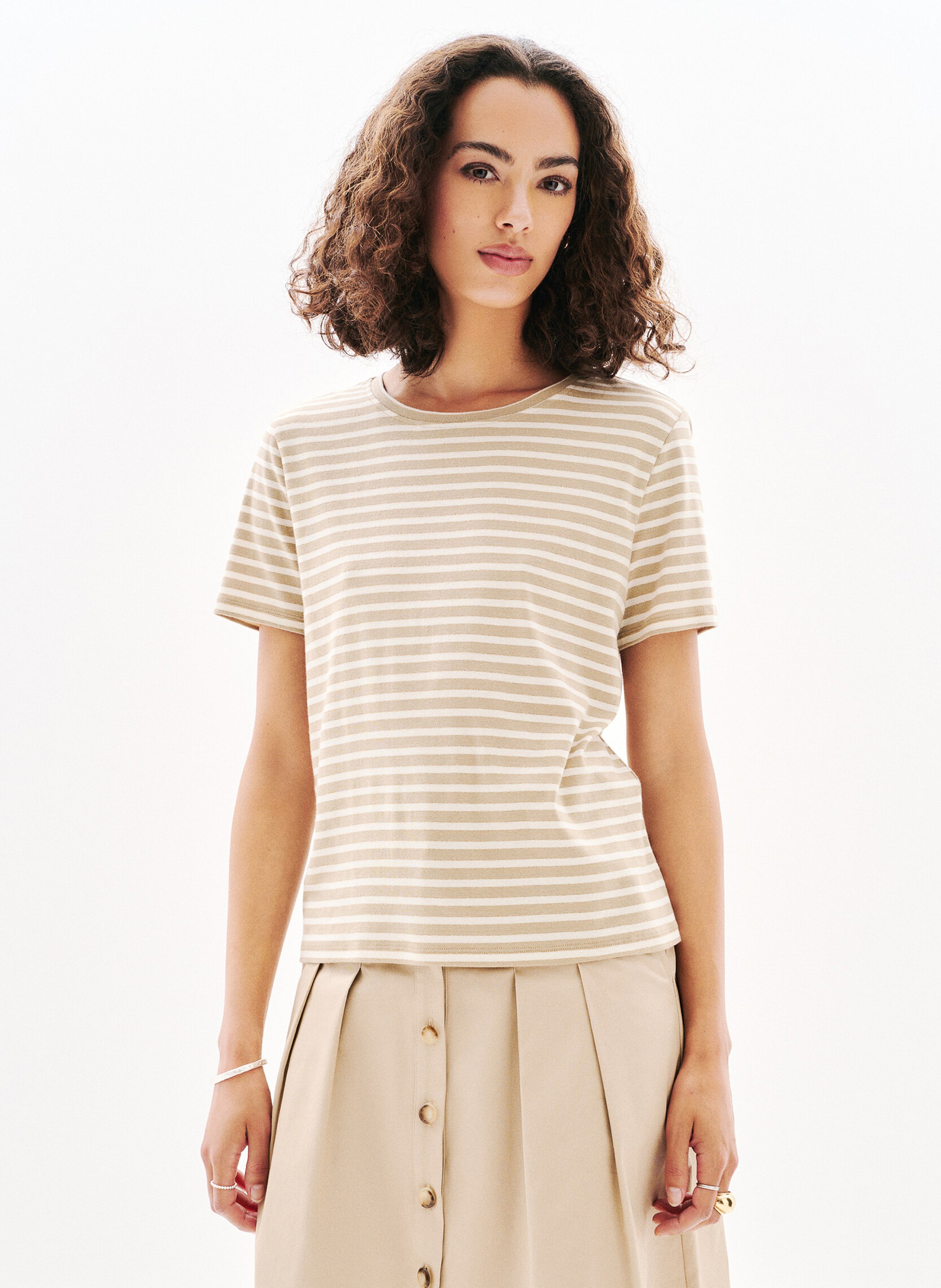 Straight striped round-neck T-shirt CAROLL Brown