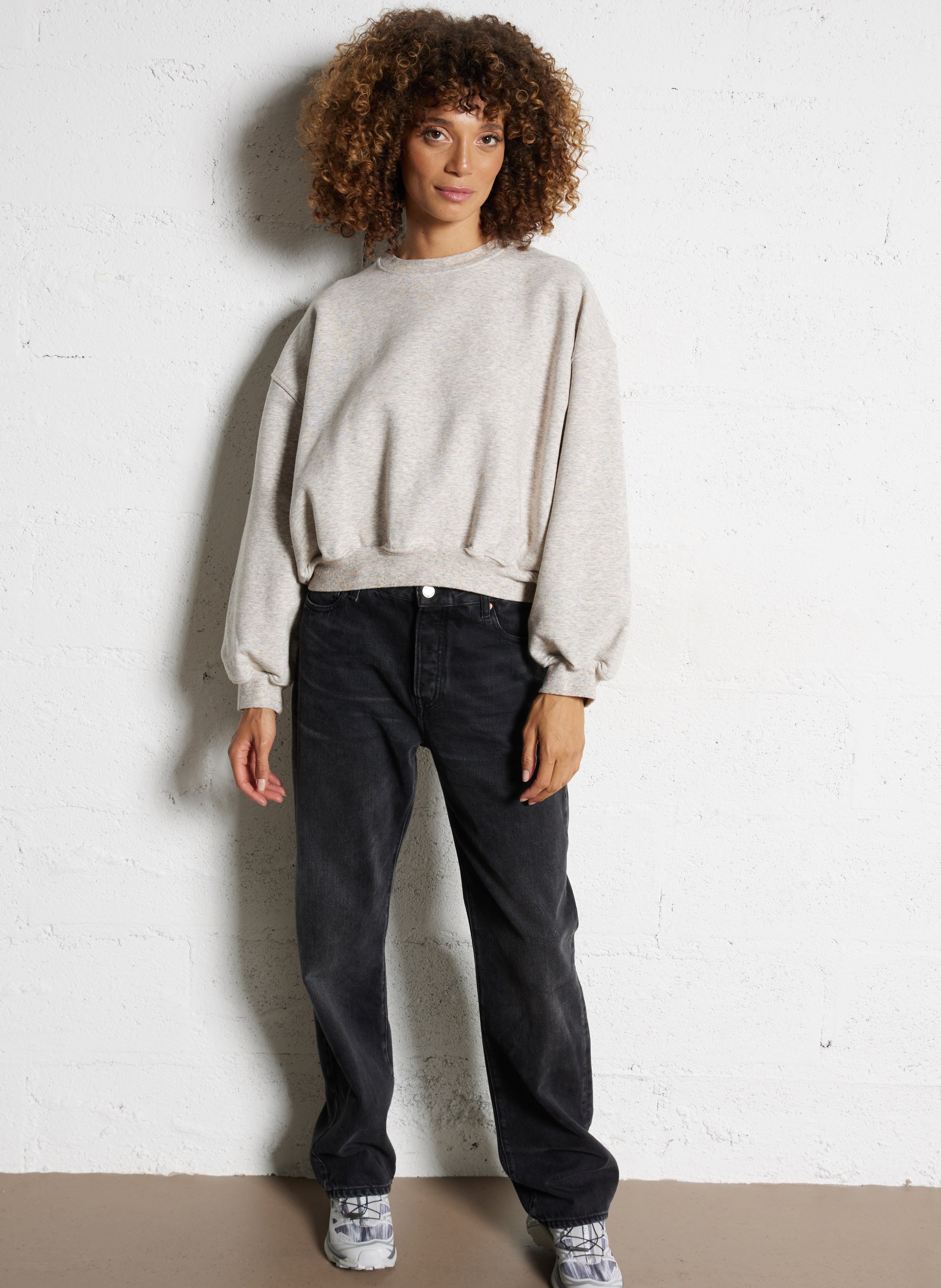 Sweat ample court en jersey de coton moucheté BELLEROSE Gris