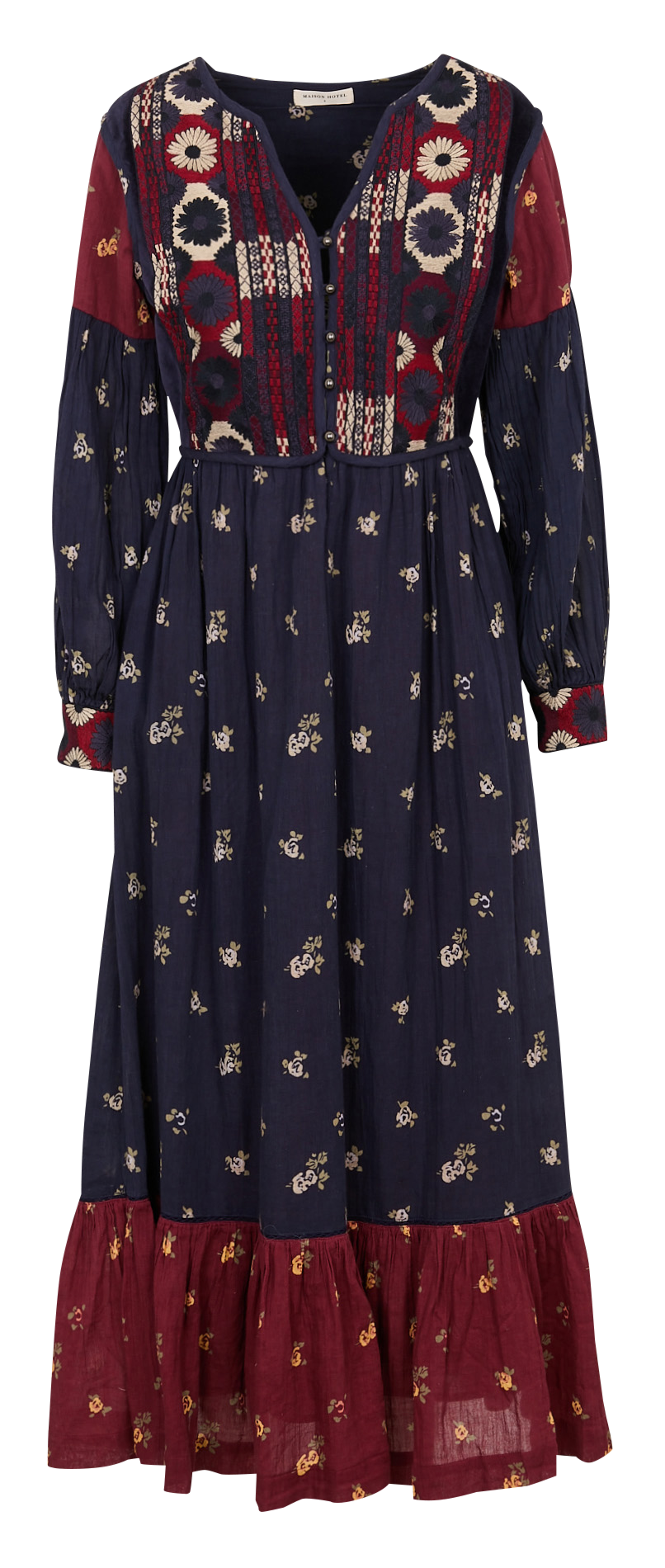 Printed long cotton dress with Tunisian collar MAISON HOTEL Blue