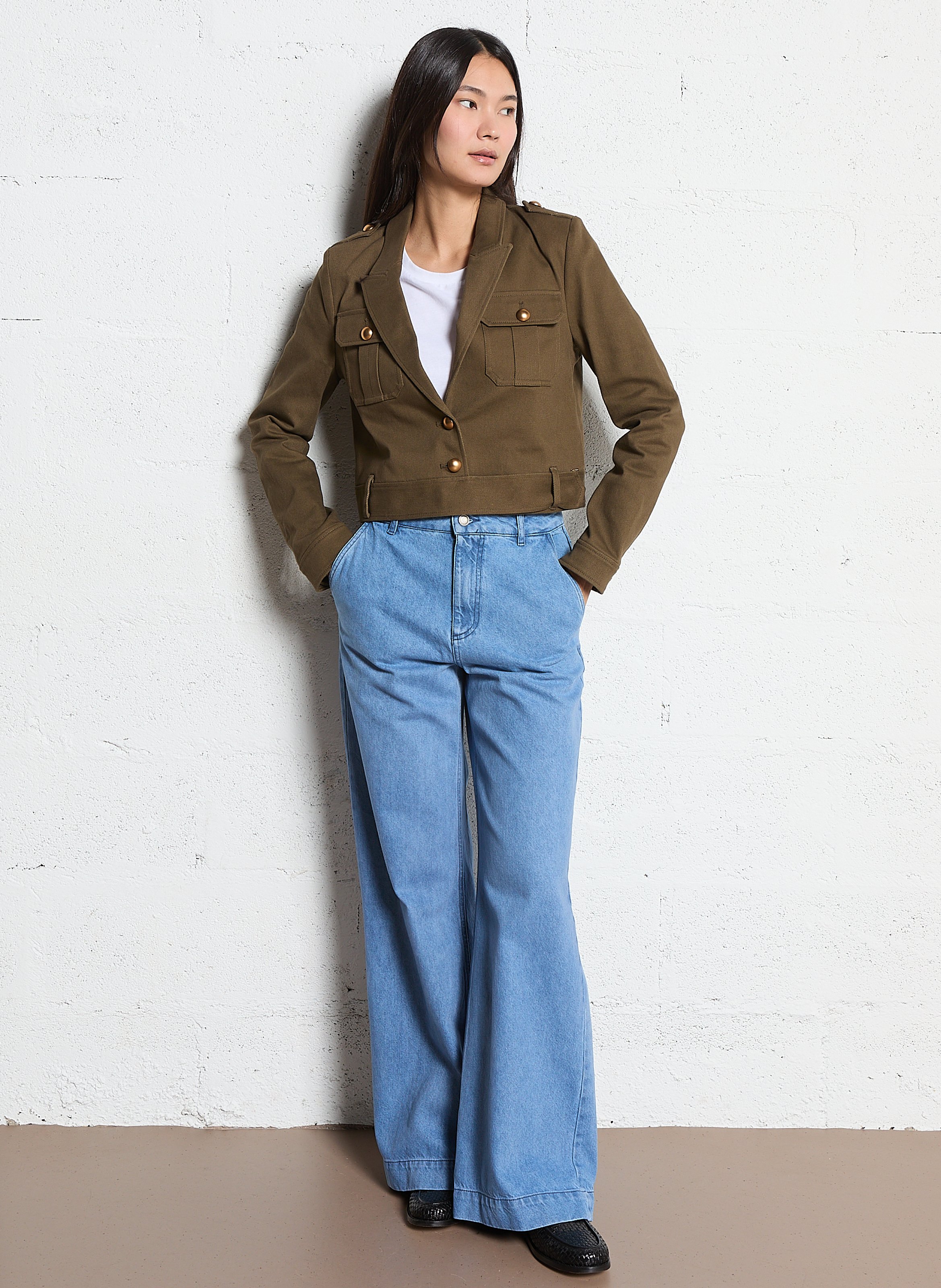 Straight blazer with tailored collar in mixed cotton IKKS Khaki