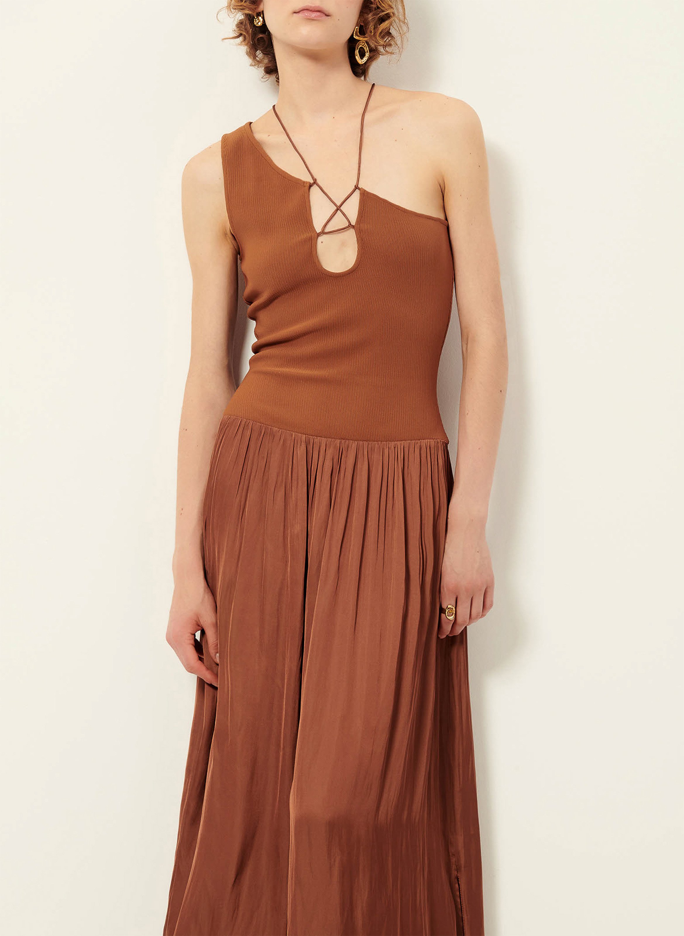 ¿Robe longue asymétrique en jersey fin côtelé SESSUN Marron