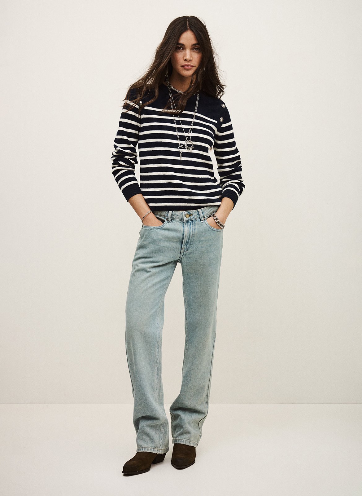 <p>Pull met ronde hals in katoen en wolmix met print</p> Blauw