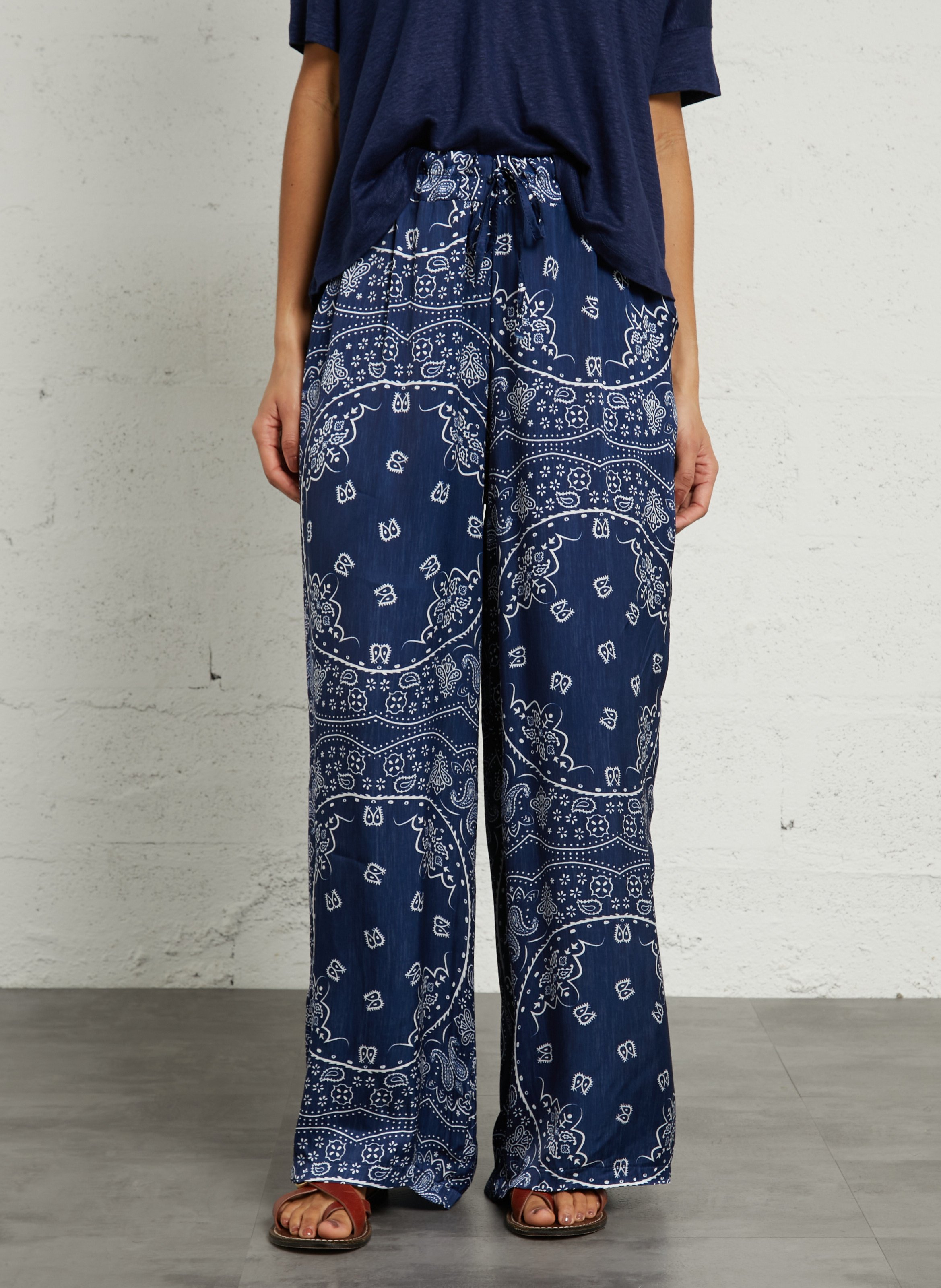Wide leg satin printed cashmere trousers AOKYANOS Blue