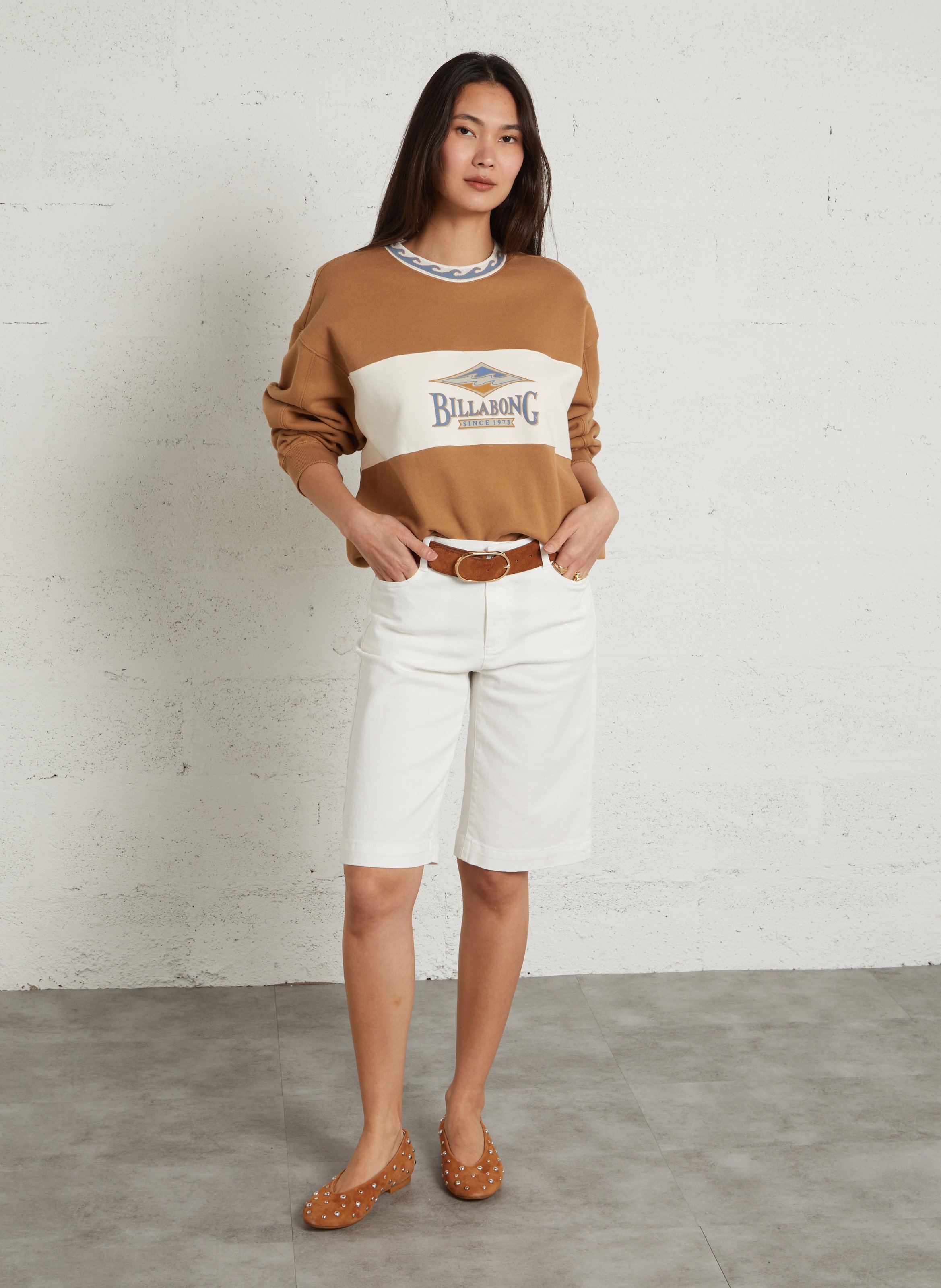 Loose-fit round-neck cotton sweatshirt with screen print BILLABONG Beige
