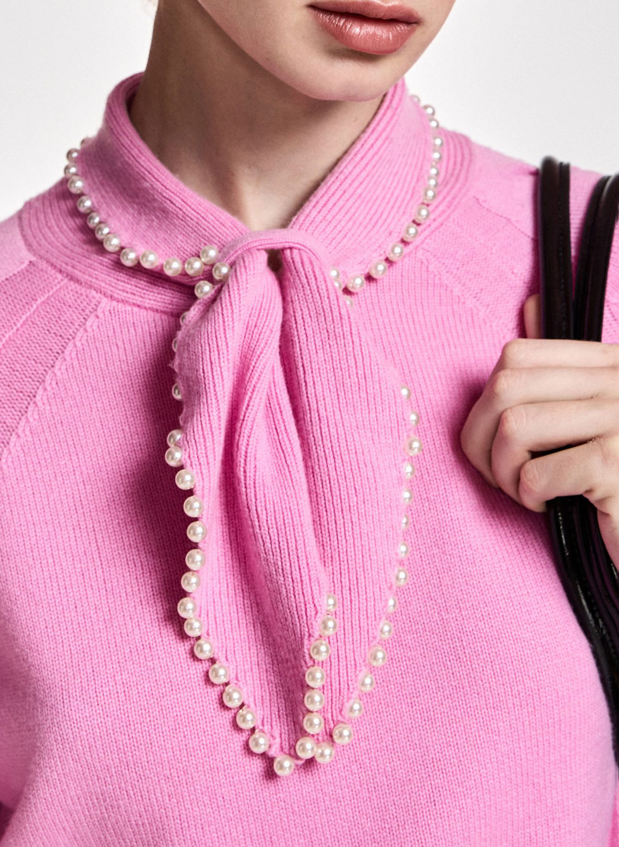 Straight-fit wool and cashmere pussy-bow collar sweater ESSENTIEL ANTWERP Pink