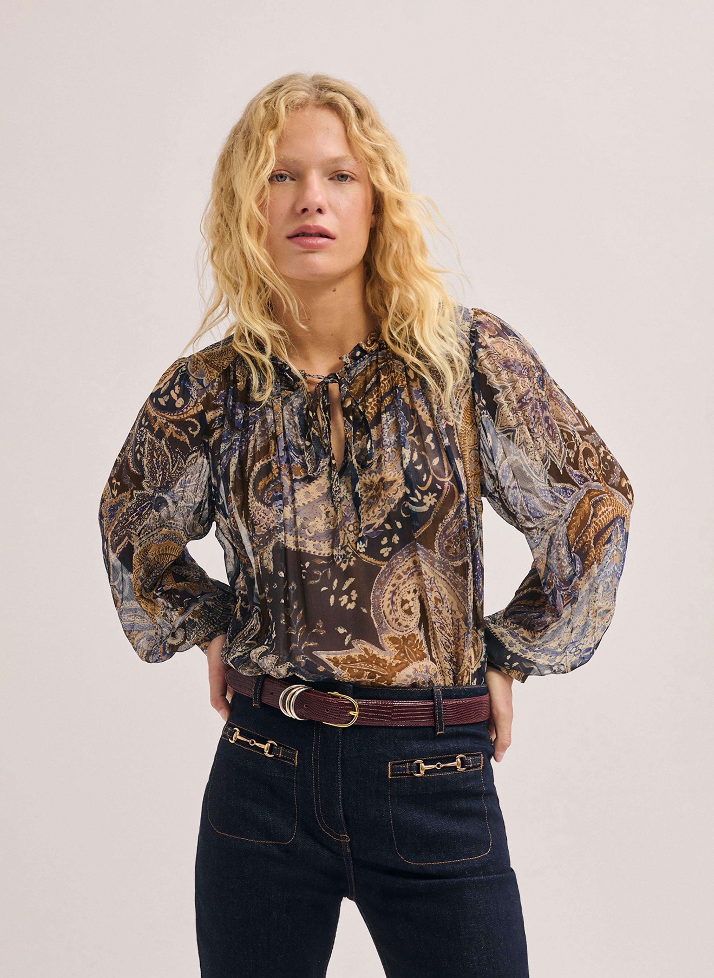 Fluid ruffled printed blouse PABLO Blue