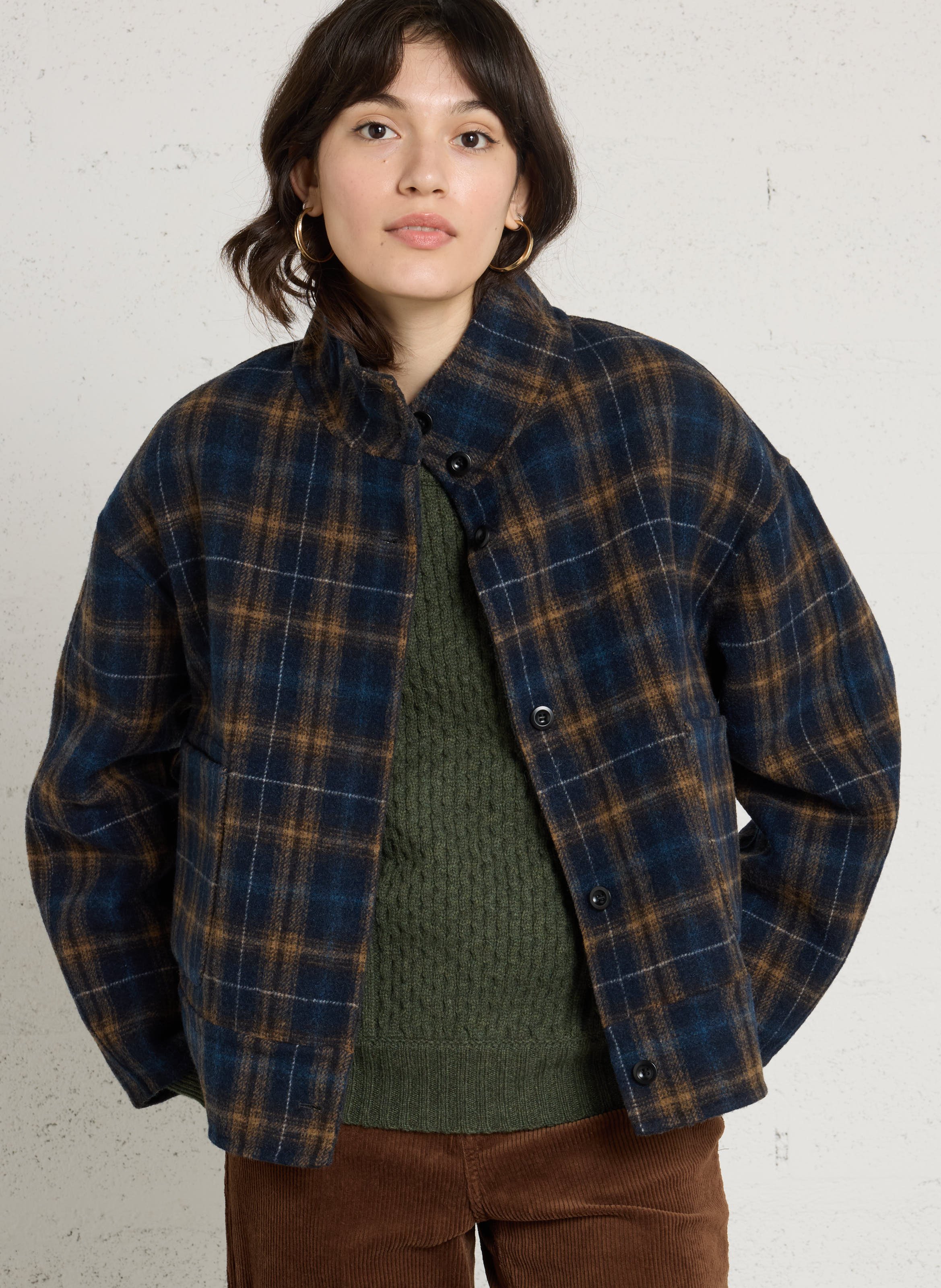Straight high-neck jacket in checked wool blend SEE U SOON Blue