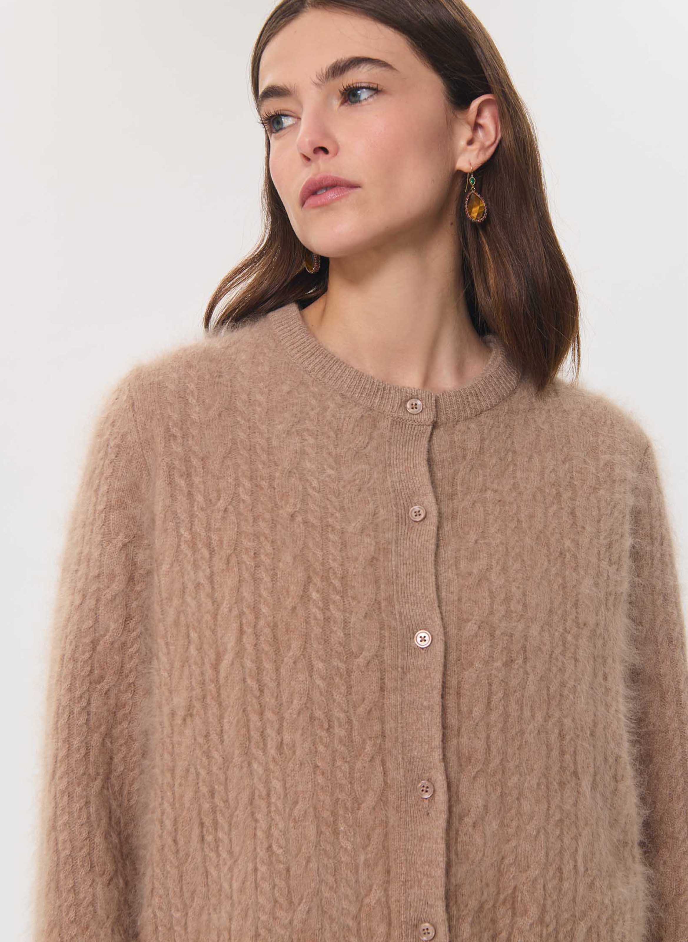 Plain straight-fit crew-neck wool cardigan TARA JARMON Brown