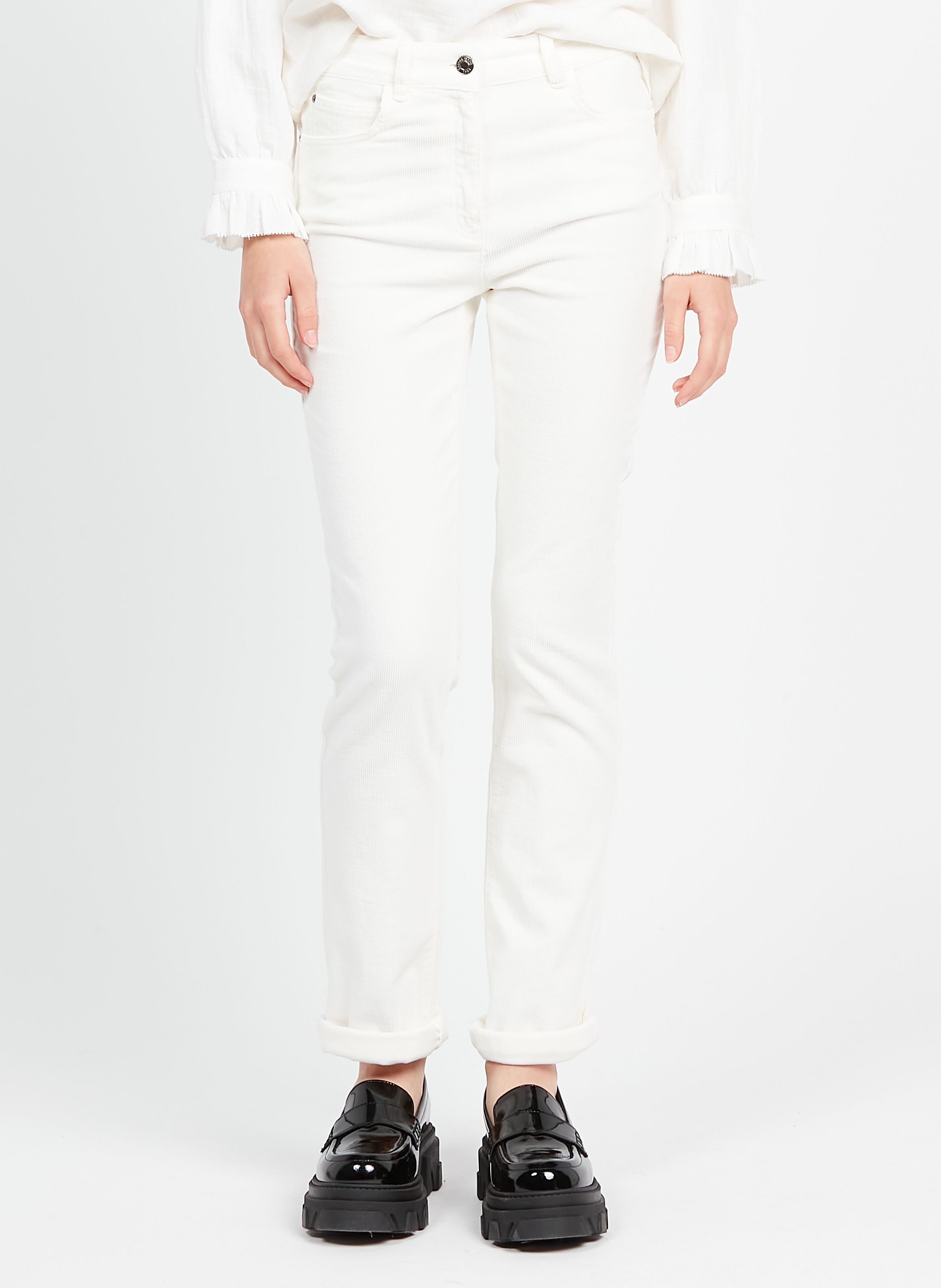 CAROLL CHICAGO Pantalon droit en velours cotele et coton melange Blanc