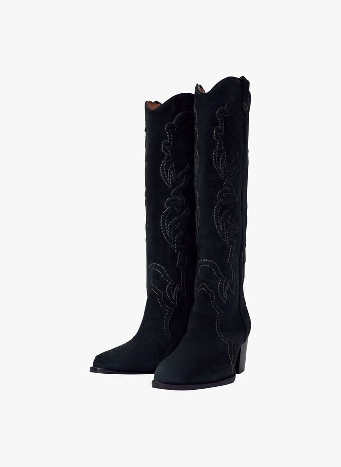 Suede Leather Cowboy Boots Off Black Maje Women Place des