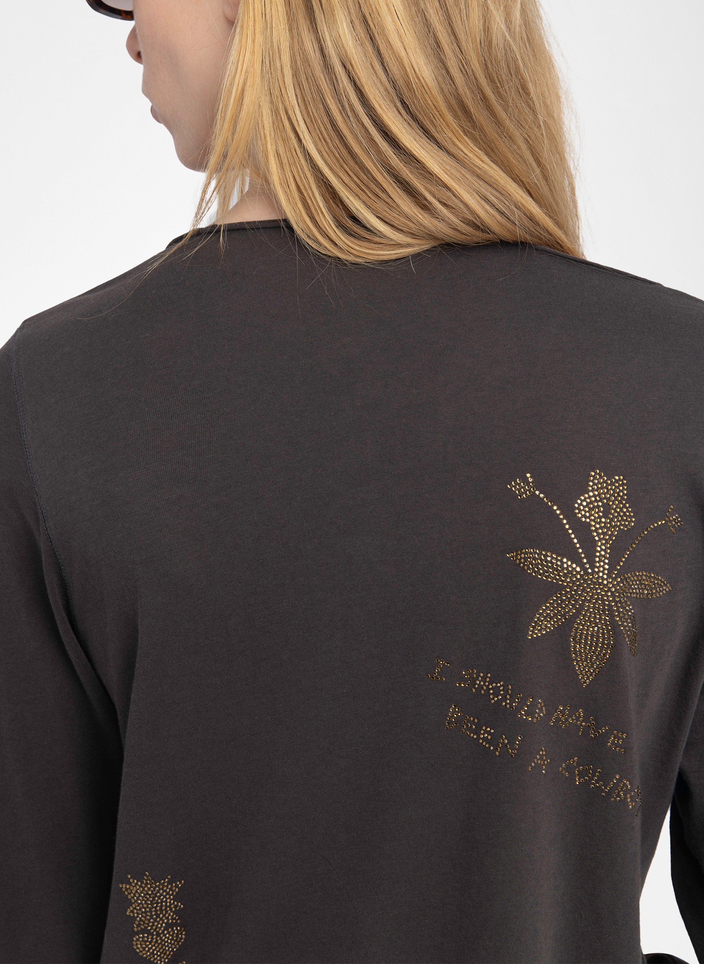 Tee-shirt droit manches longues à strass Marron