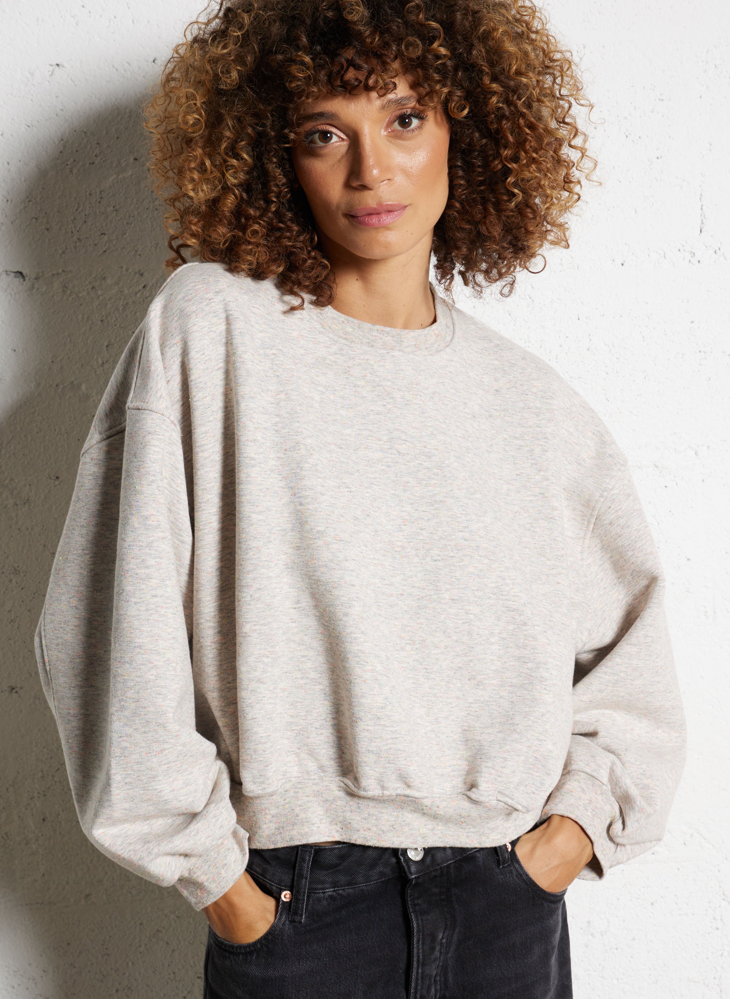 Sweat ample court en jersey de coton moucheté BELLEROSE Gris