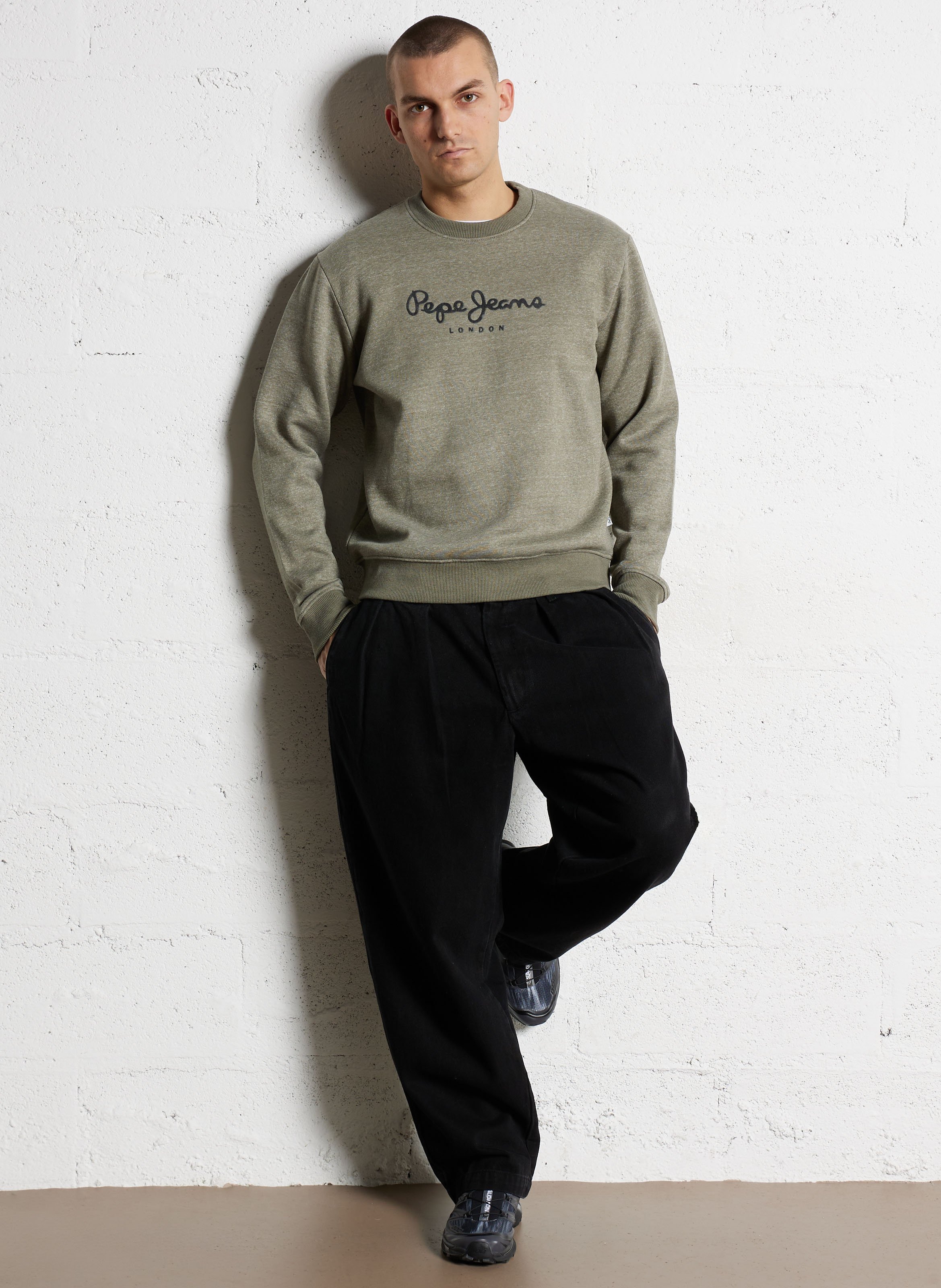 Straight round neck sweatshirt embroidered in mixed knit fabric PEPE JEANS Green