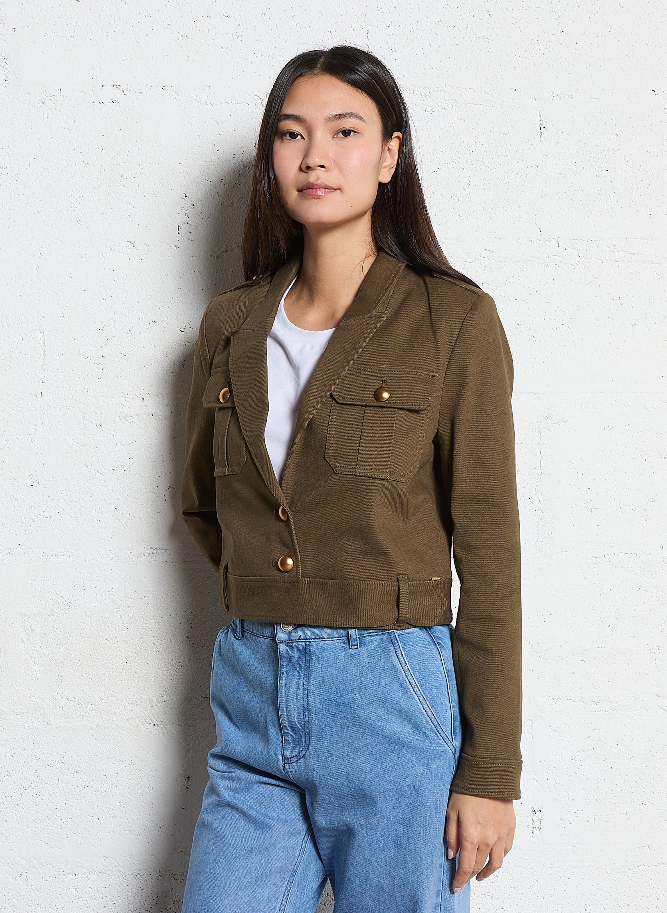 Straight blazer with tailored collar in mixed cotton IKKS Khaki