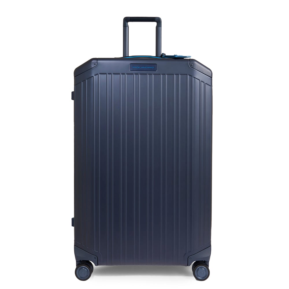Large 4-wheel aluminum and leather trolley suitcase with TSA lock and waterproof cover PIQUADRO Blue