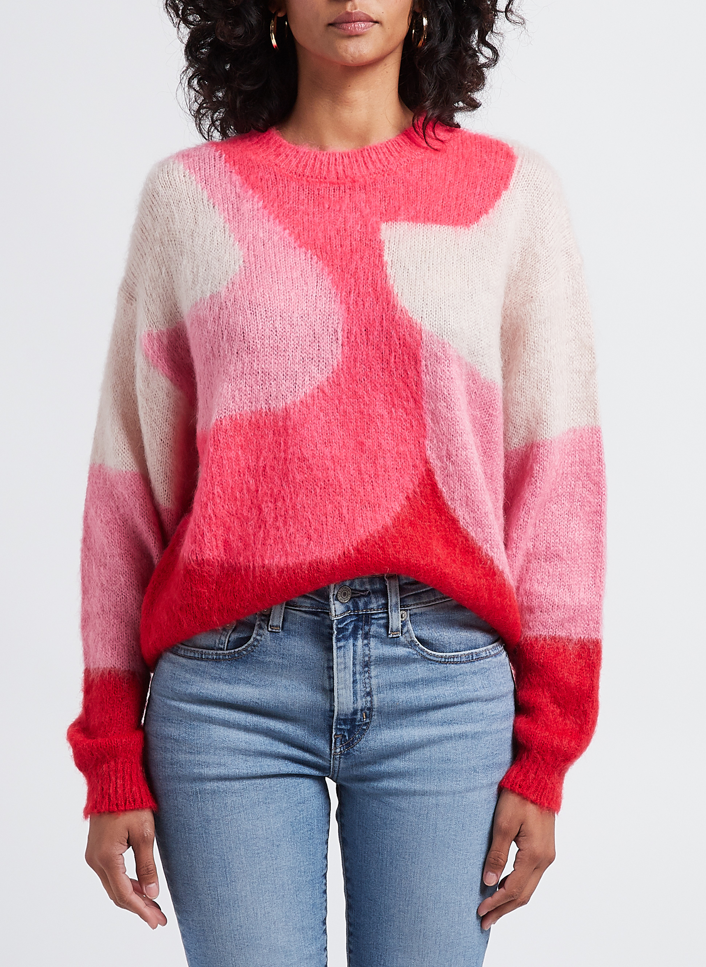 Pull col rond jacquard en maille mélangée INDEE Rose