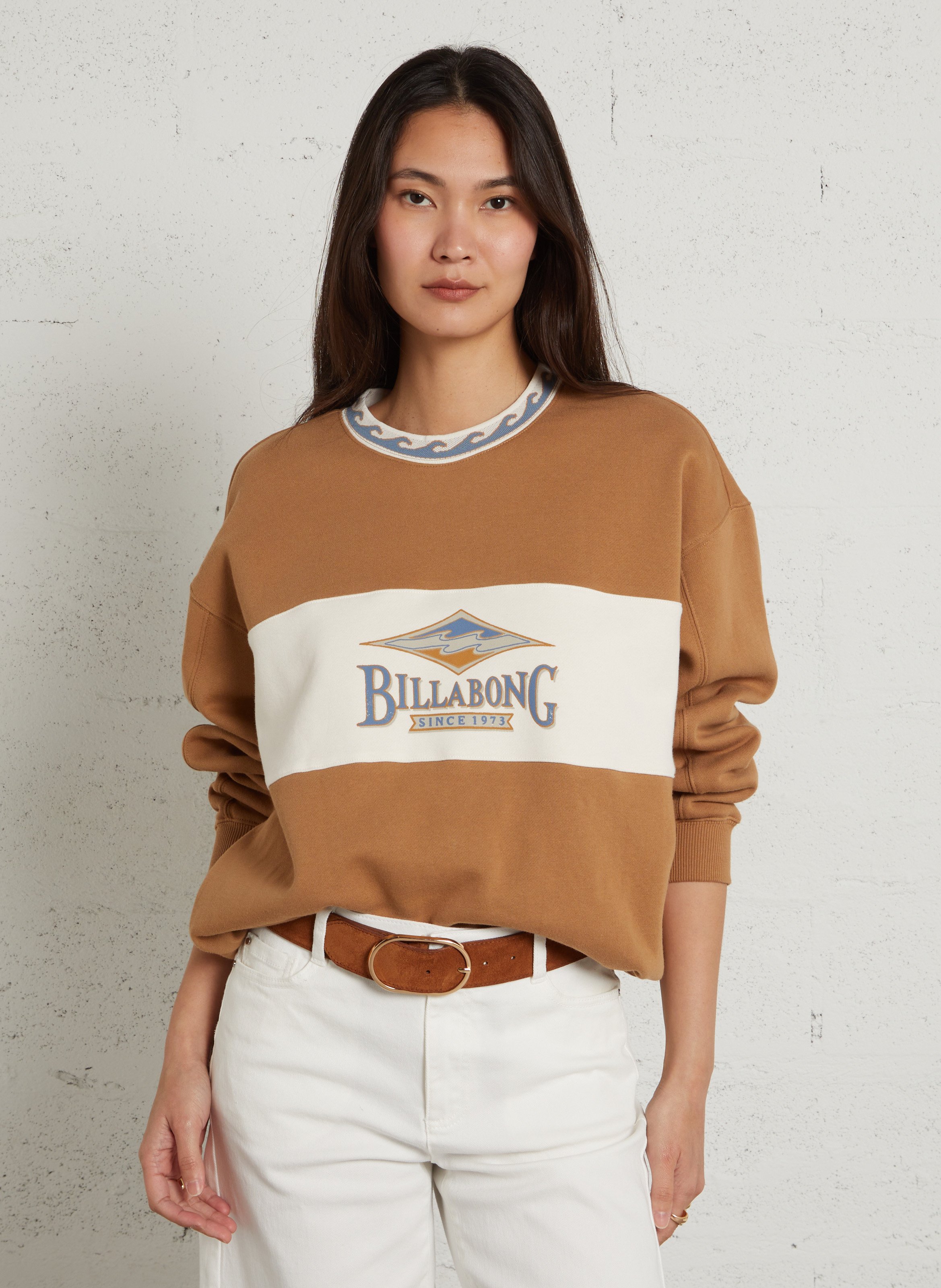 Loose-fit round-neck cotton sweatshirt with screen print BILLABONG Beige