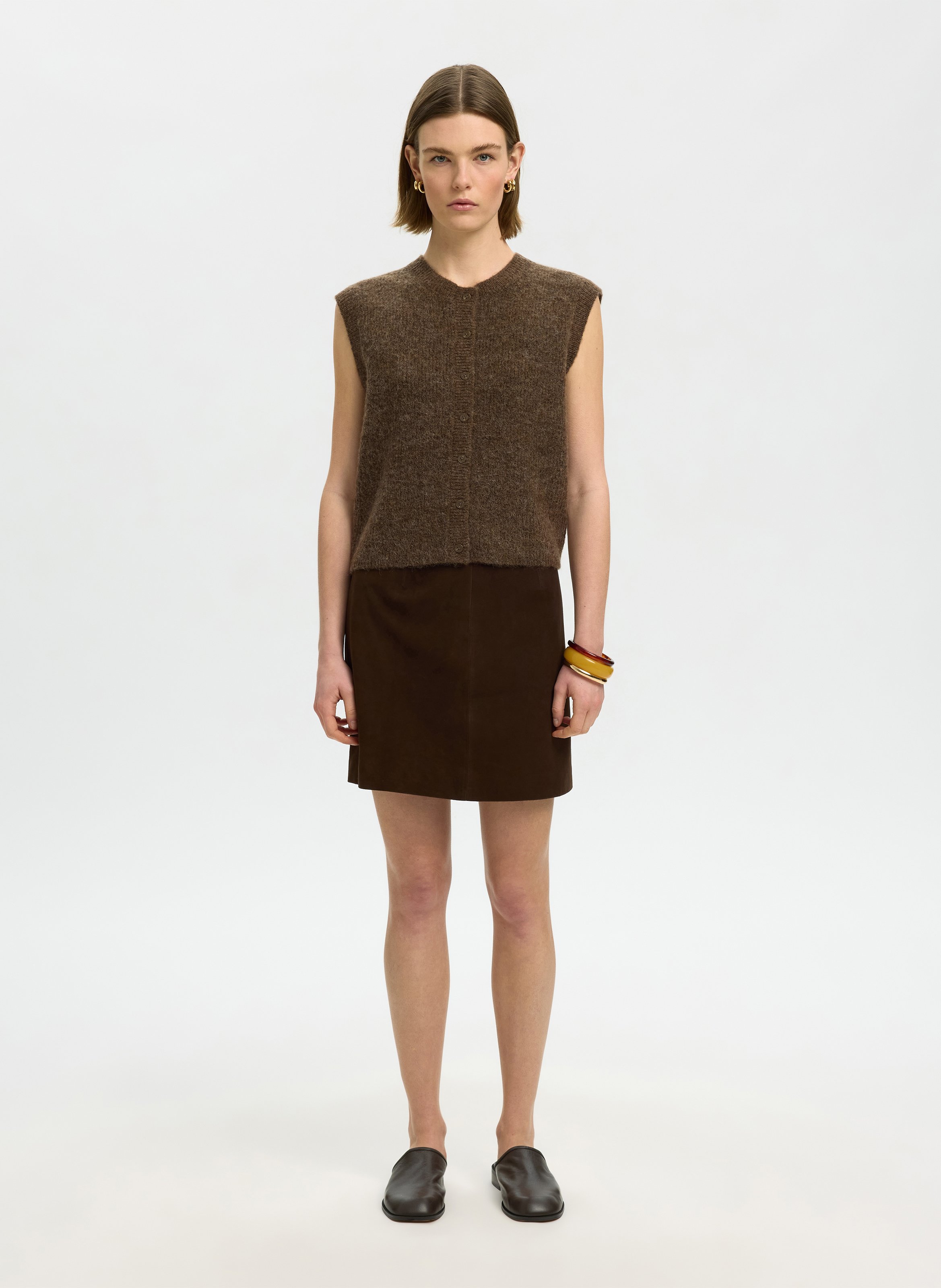 Gilet droit col rond en laine mélangée SELECTED Marron