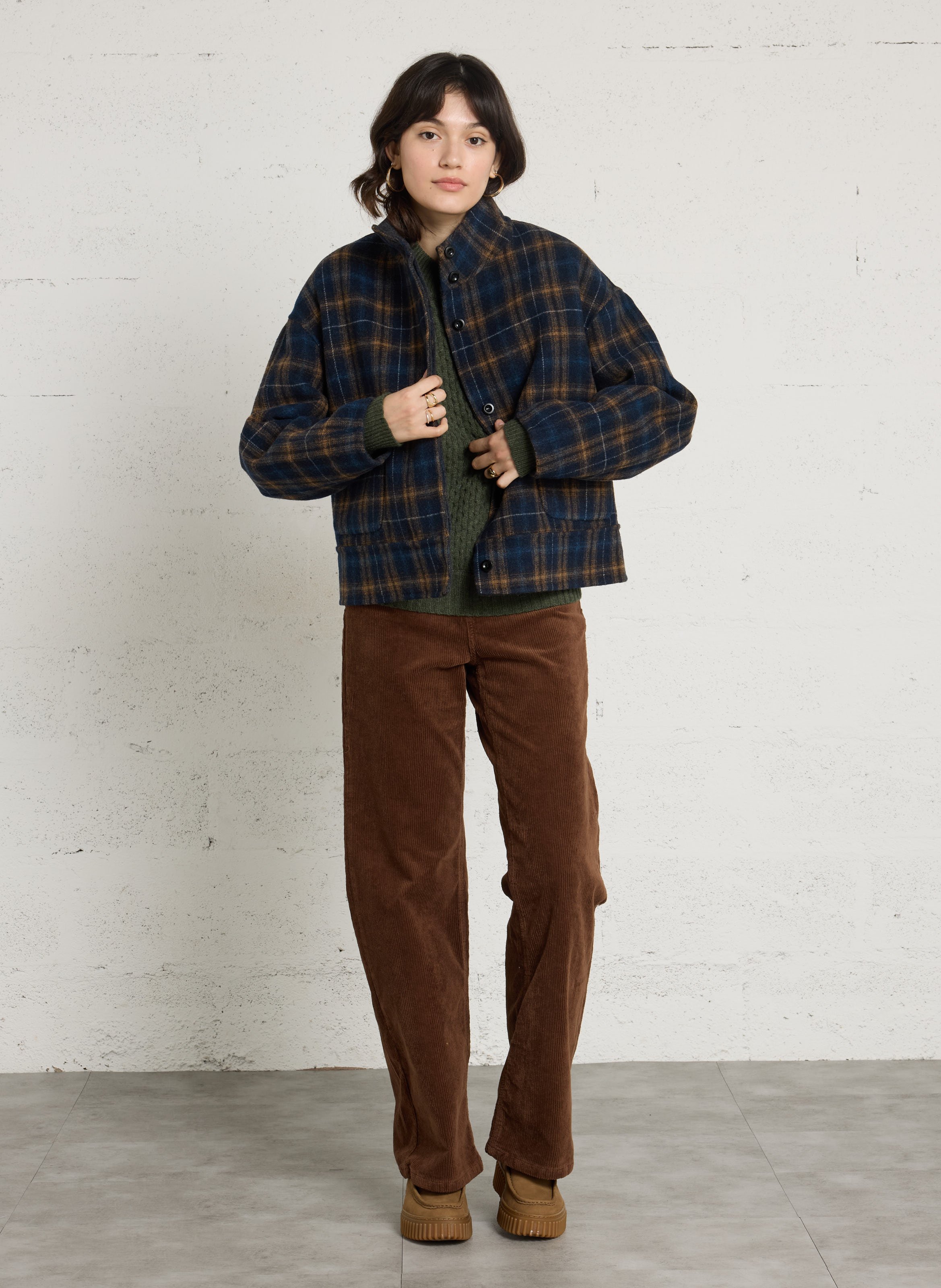 Straight high-neck jacket in checked wool blend SEE U SOON Blue