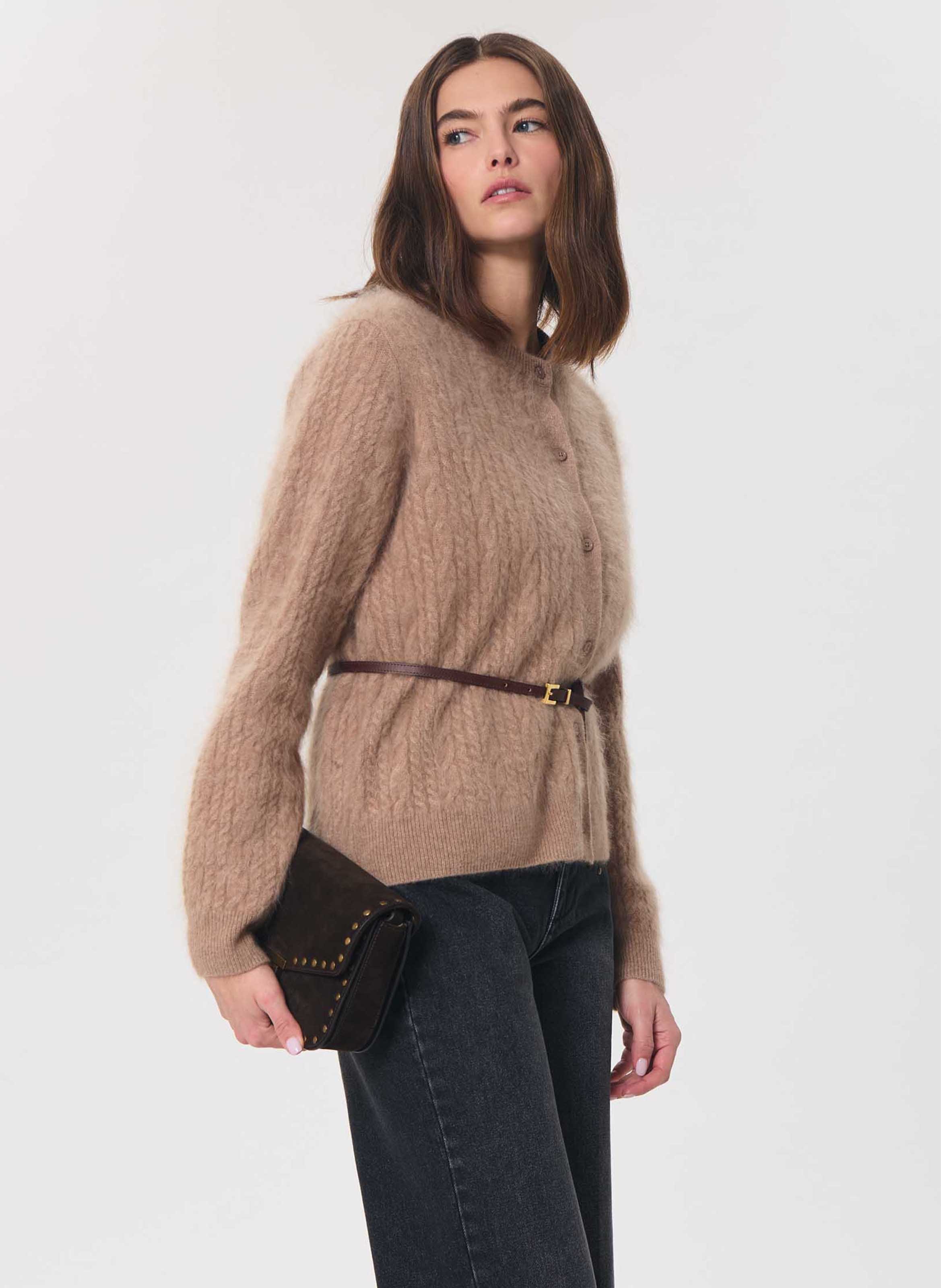 Plain straight-fit crew-neck wool cardigan TARA JARMON Brown