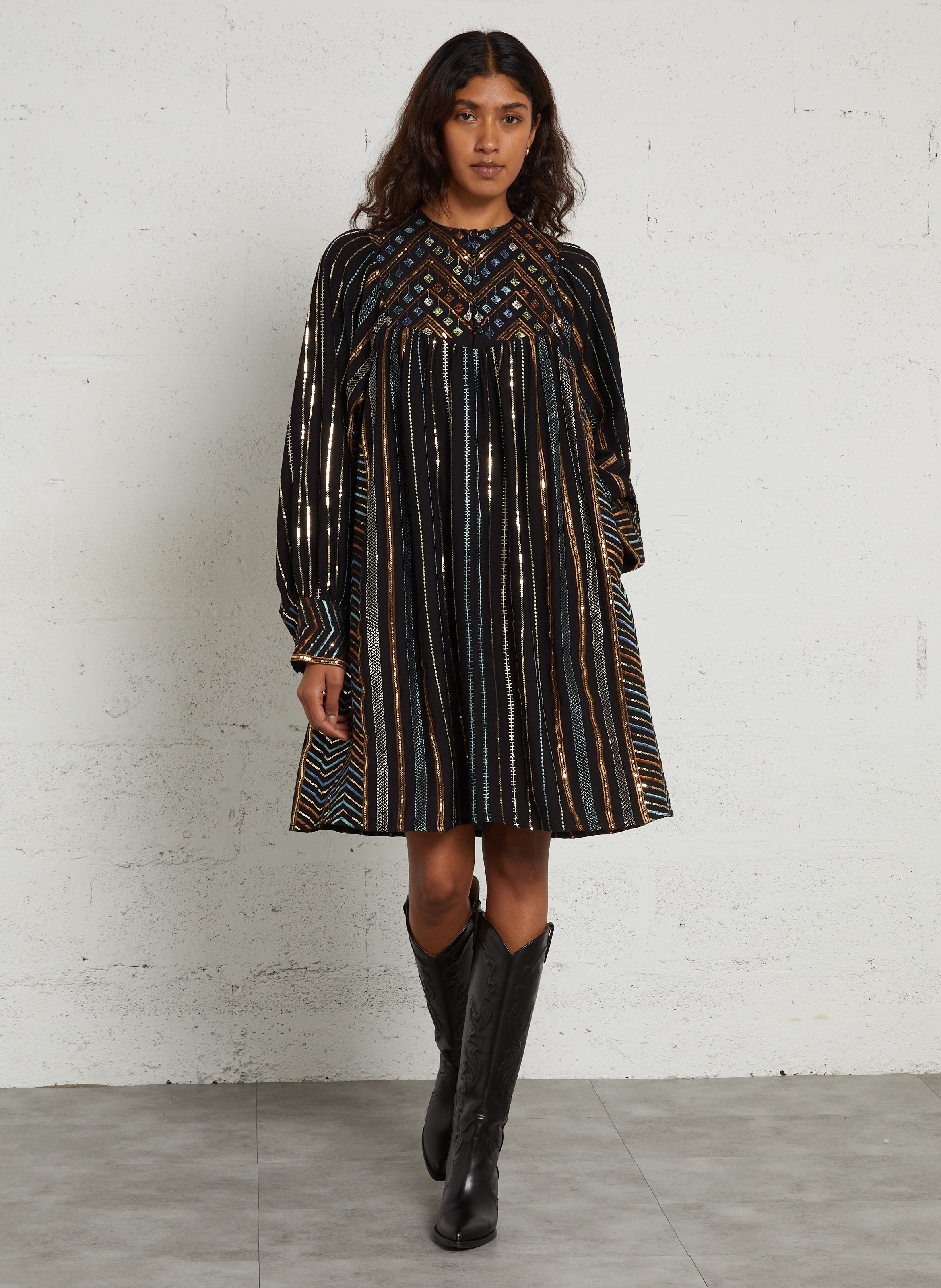 Kurzes, weites Kleid mit Stickmotiven SEE U SOON Schwarz