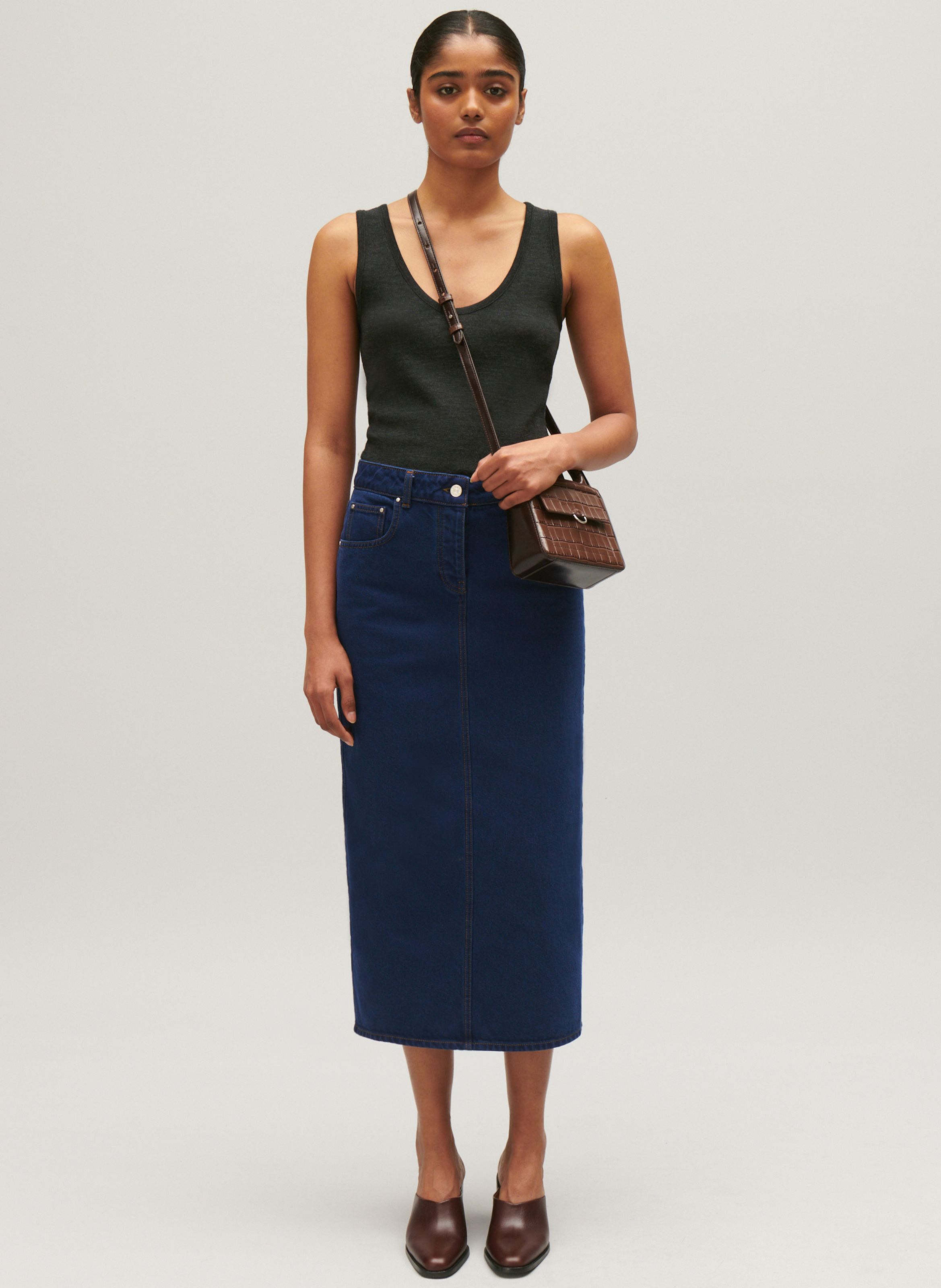 Jupe Midi En Denim Taille Mi haute Denim Mid Blue Claudie