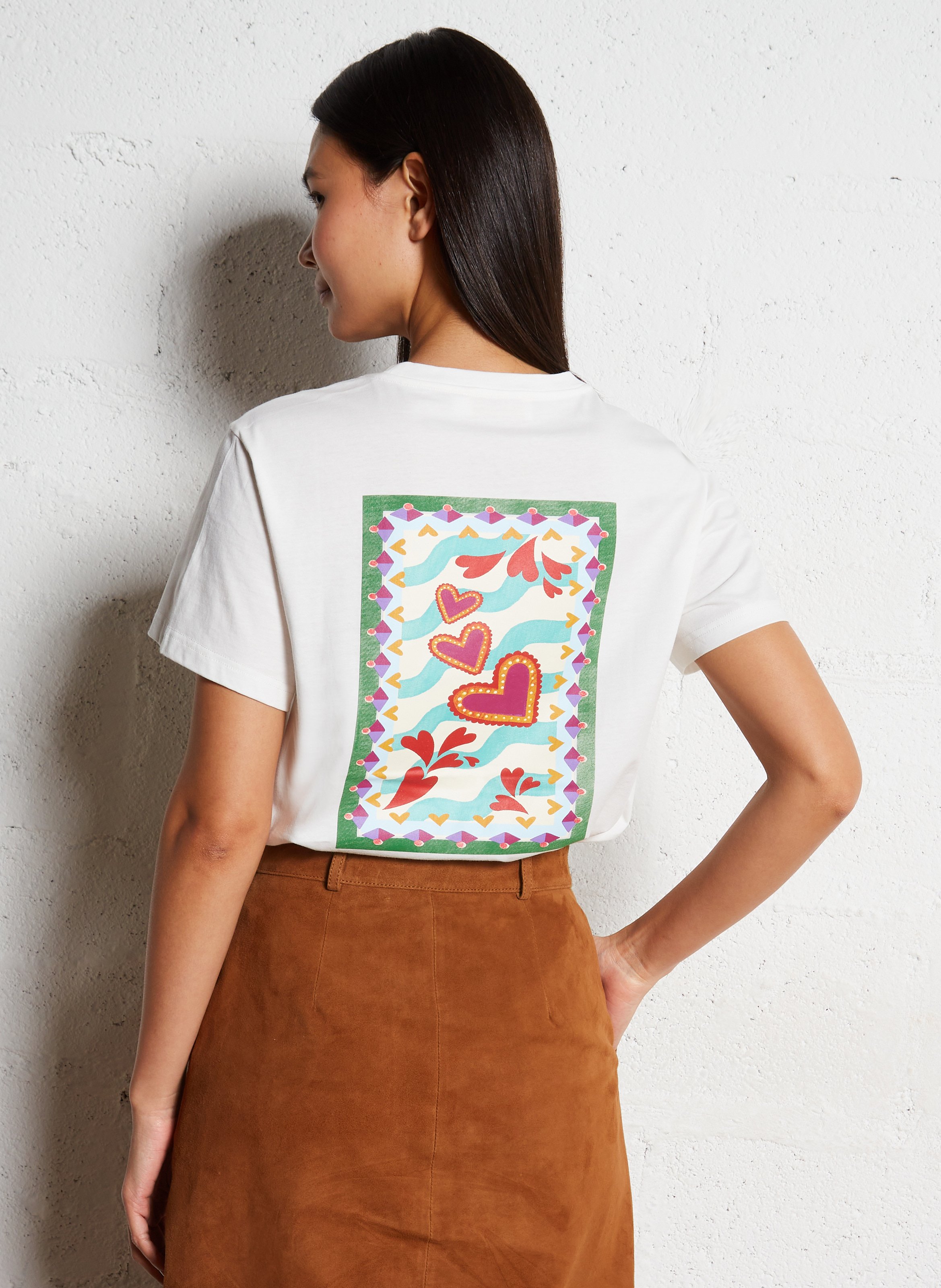 Straight round-neck cotton T-shirt with screen print LA PETITE ETOILE Beige