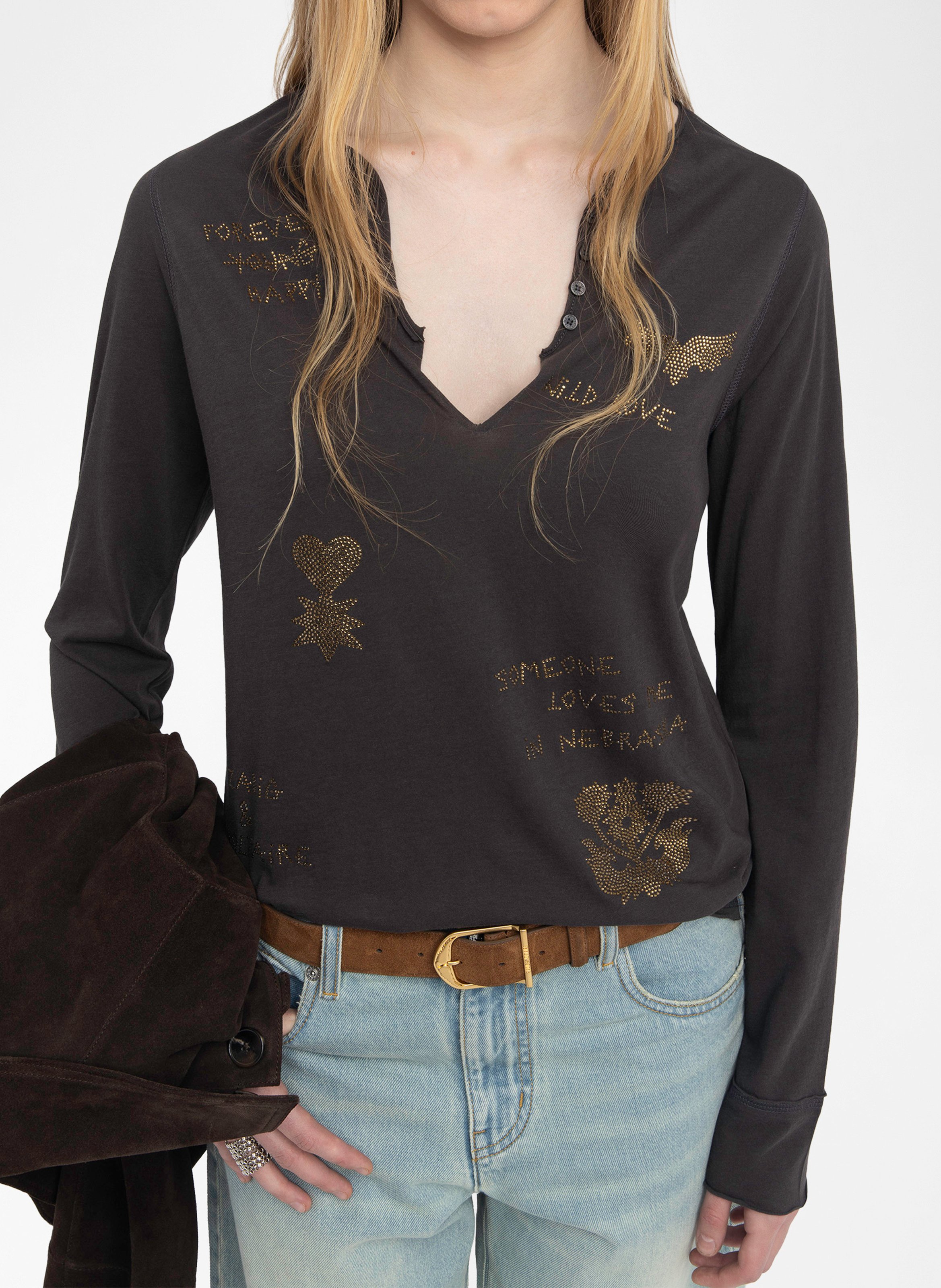 Tee-shirt droit manches longues à strass ZADIG&VOLTAIRE