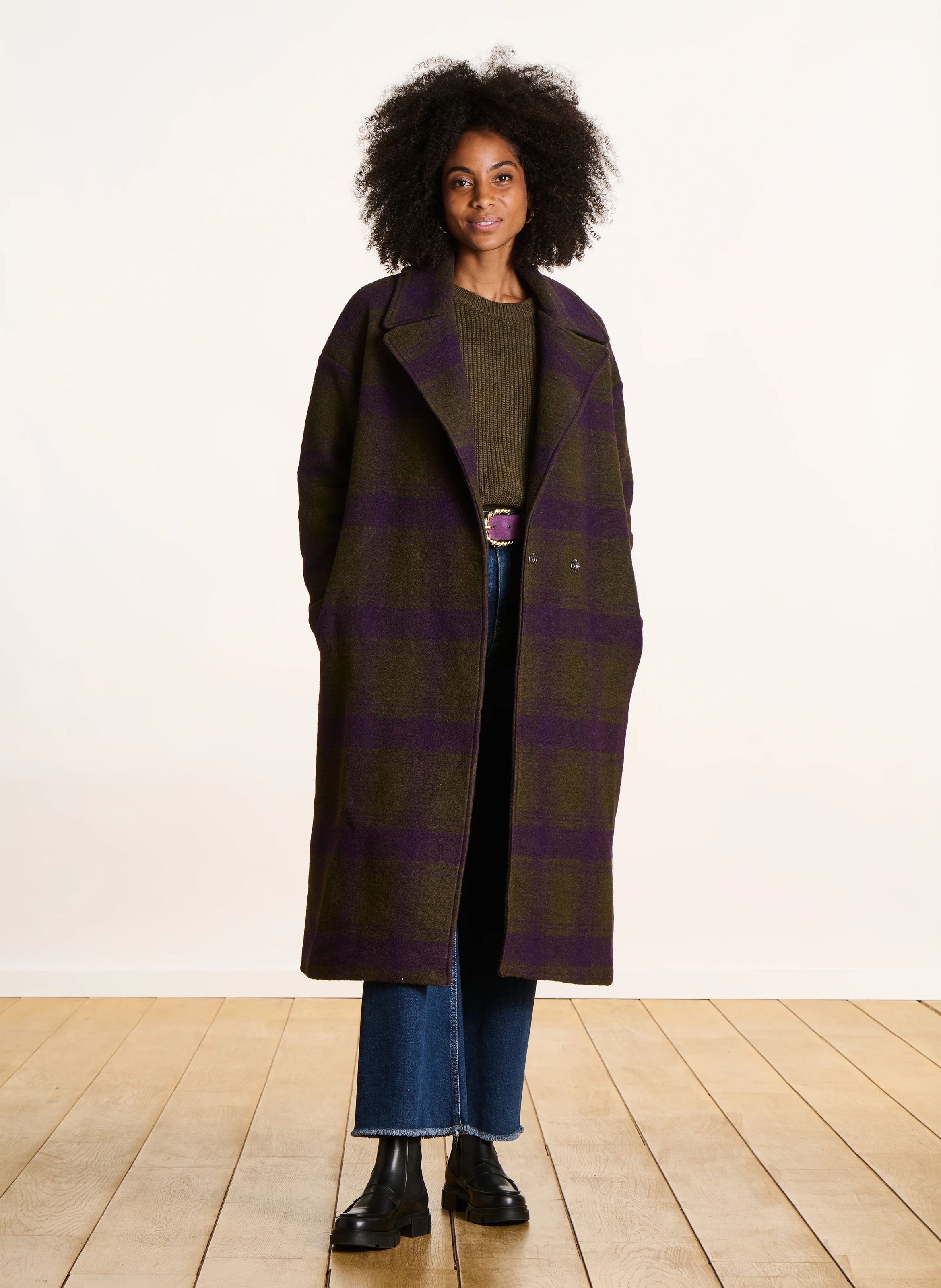 Checked jacquard knit coat with tailored collar LA FEE MARABOUTEE Multicolored
