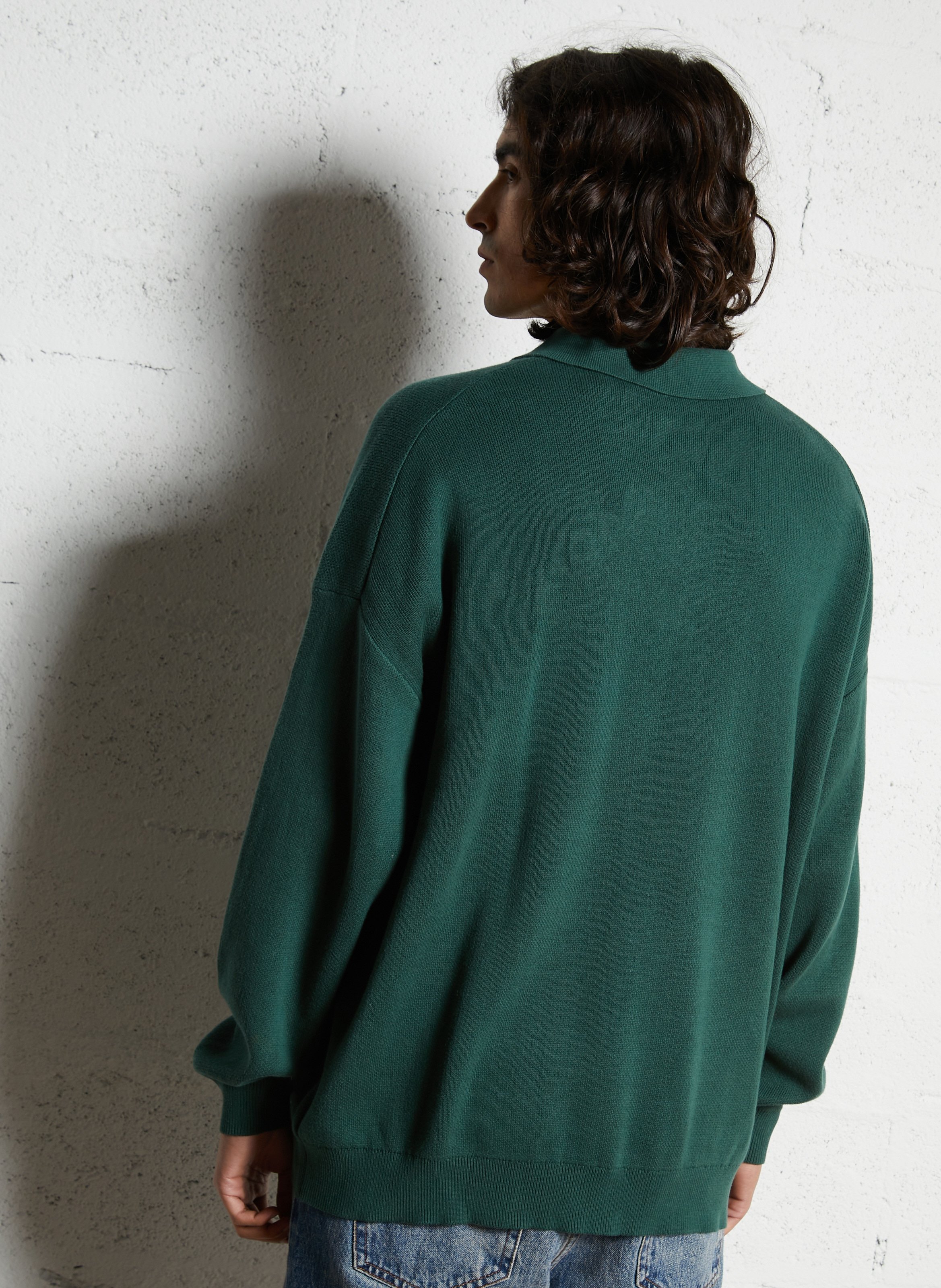 Polo-neck cotton sweater SOLID Green