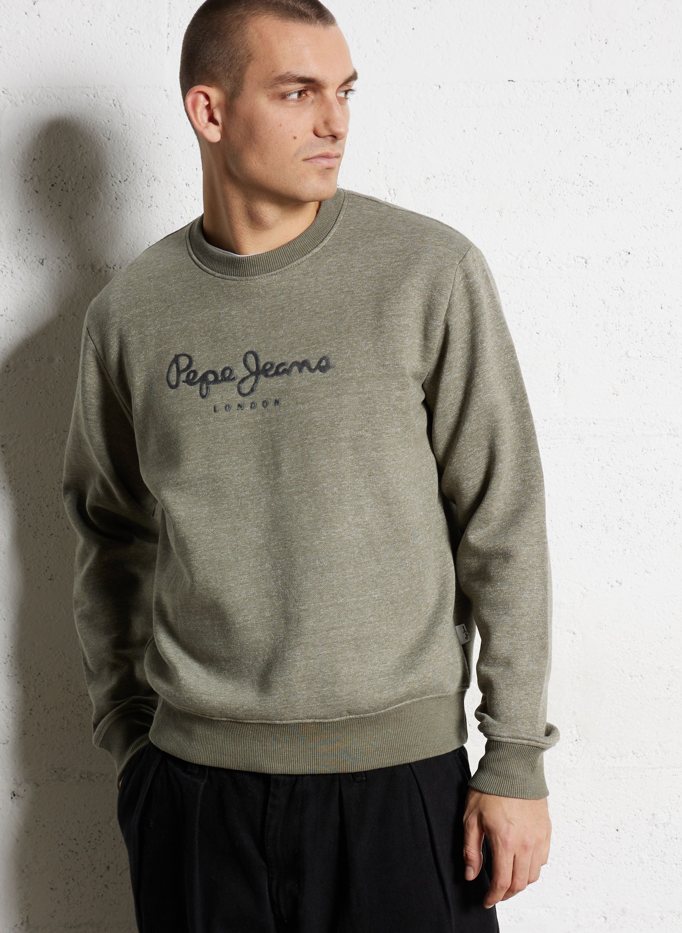 Straight round neck sweatshirt embroidered in mixed knit fabric PEPE JEANS Green