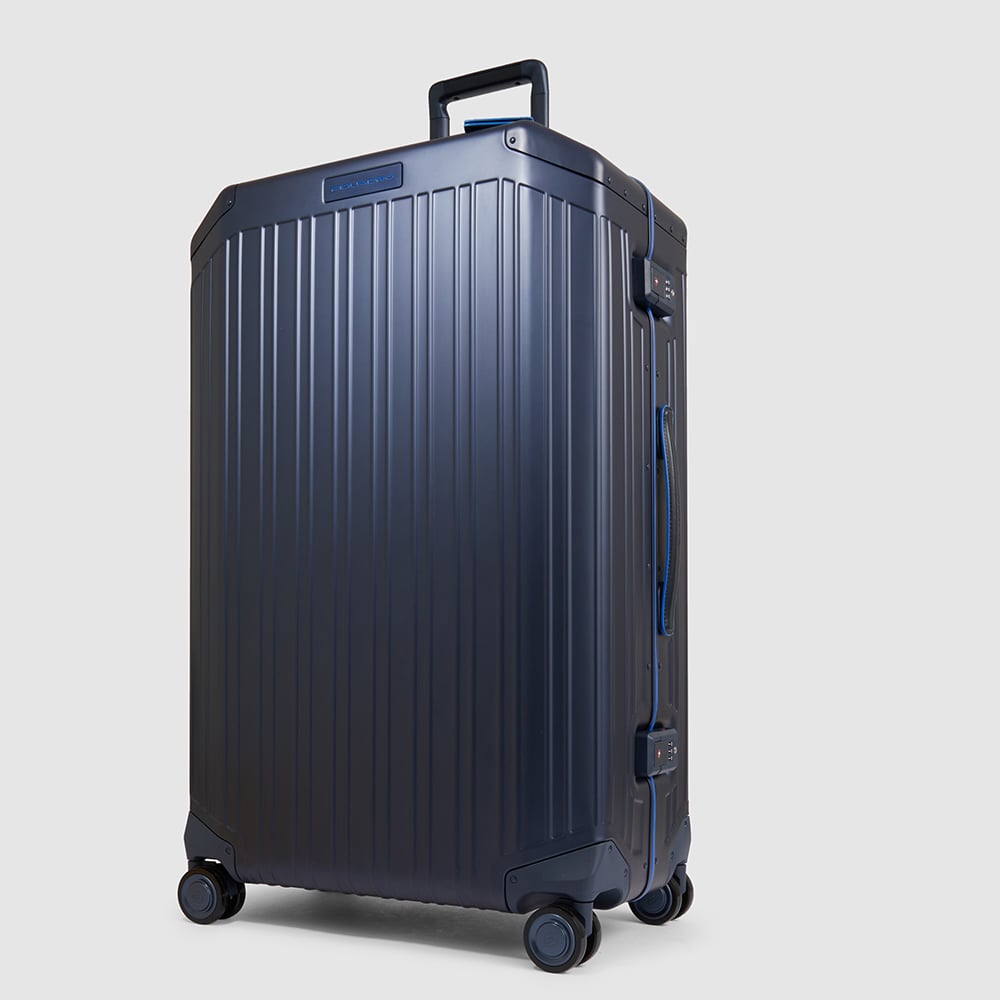 Large 4-wheel aluminum and leather trolley suitcase with TSA lock and waterproof cover PIQUADRO Blue