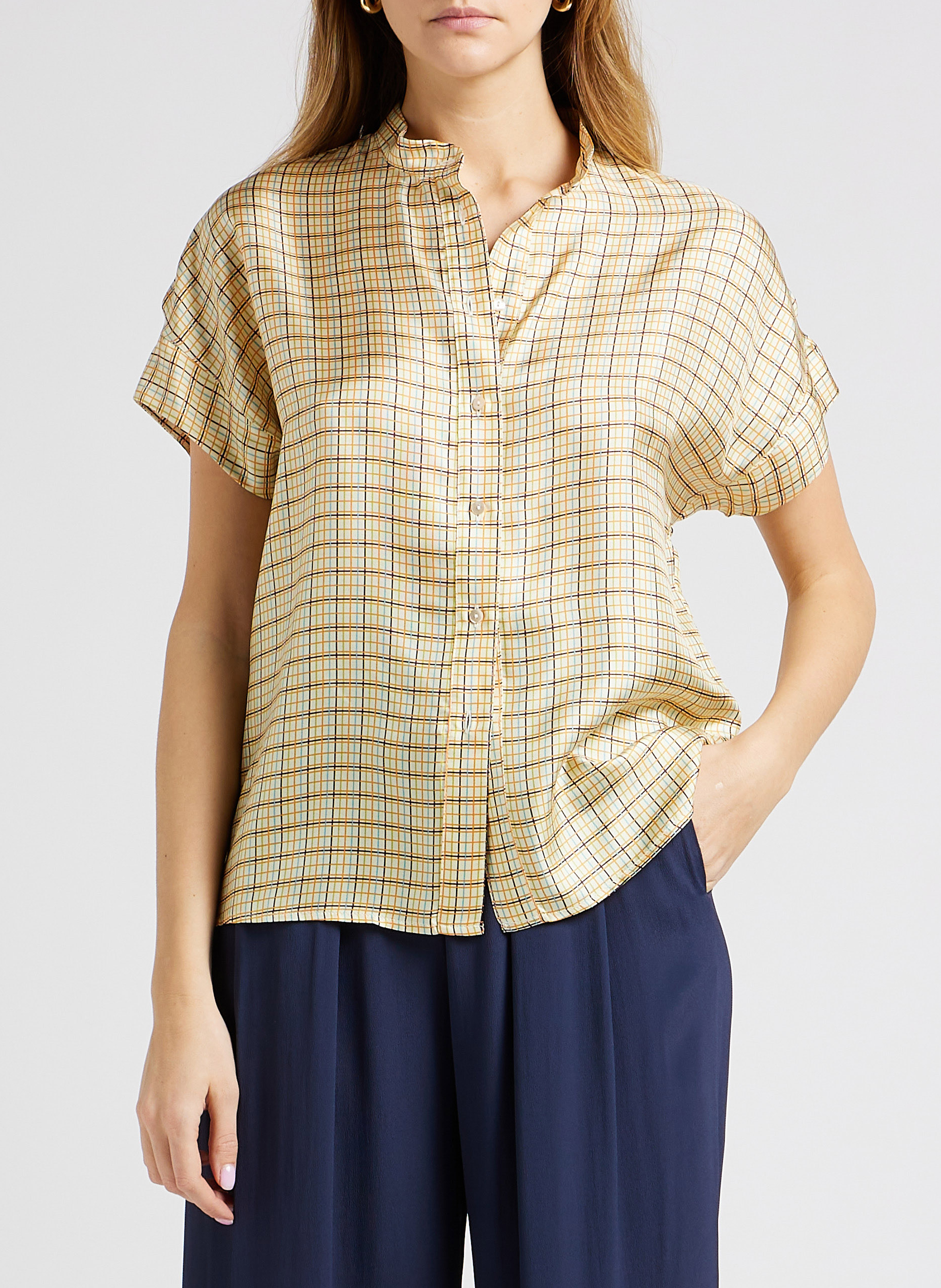 Zijden overhemd met print en maokraag MOMONI Geel