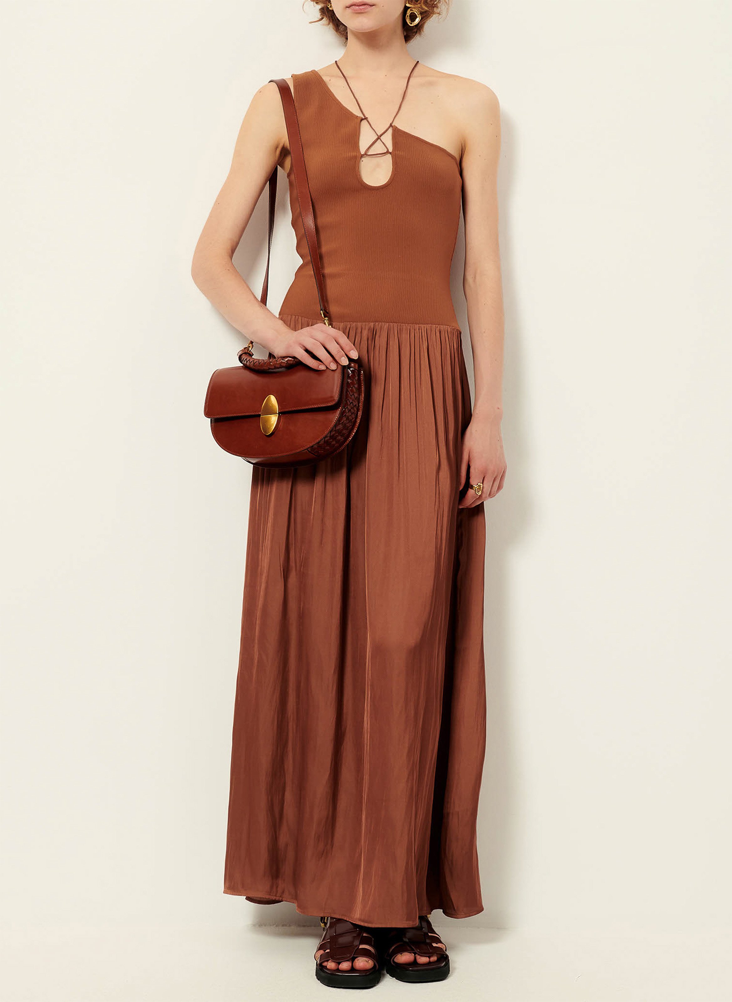 ¿Robe longue asymétrique en jersey fin côtelé SESSUN Marron