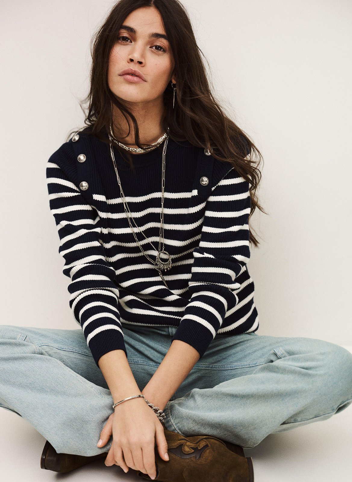 <p>Pull met ronde hals in katoen en wolmix met print</p> Blauw