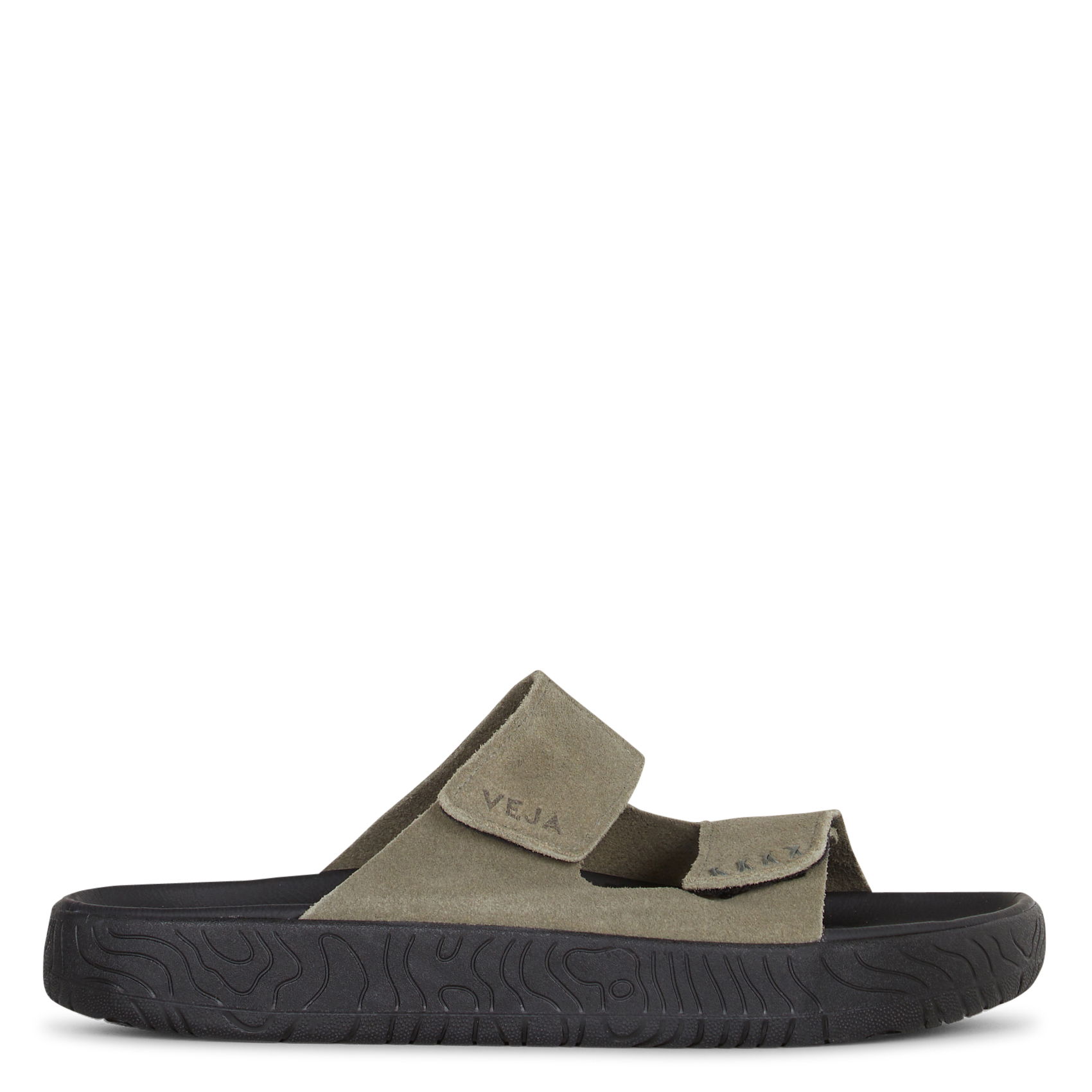 Flache Ledersandalen mit Samt VEJA Khaki