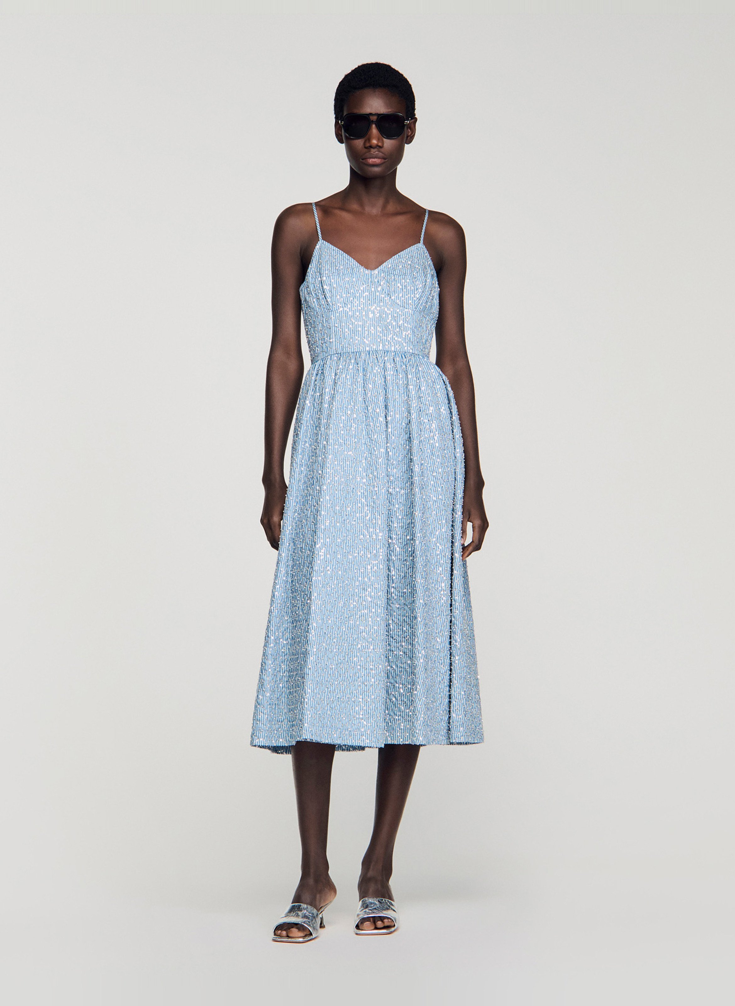 Robe midi col v  SANDRO Bleu