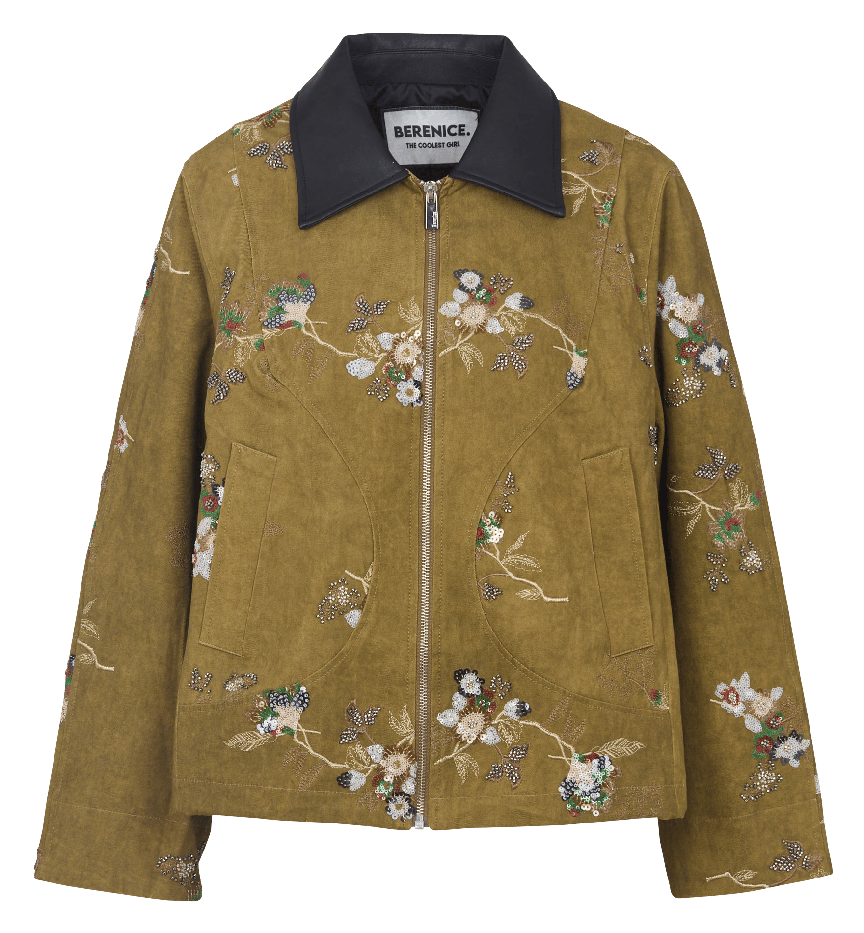 Veste ample col classique à sequins et perles en coton BERENICE Kaki