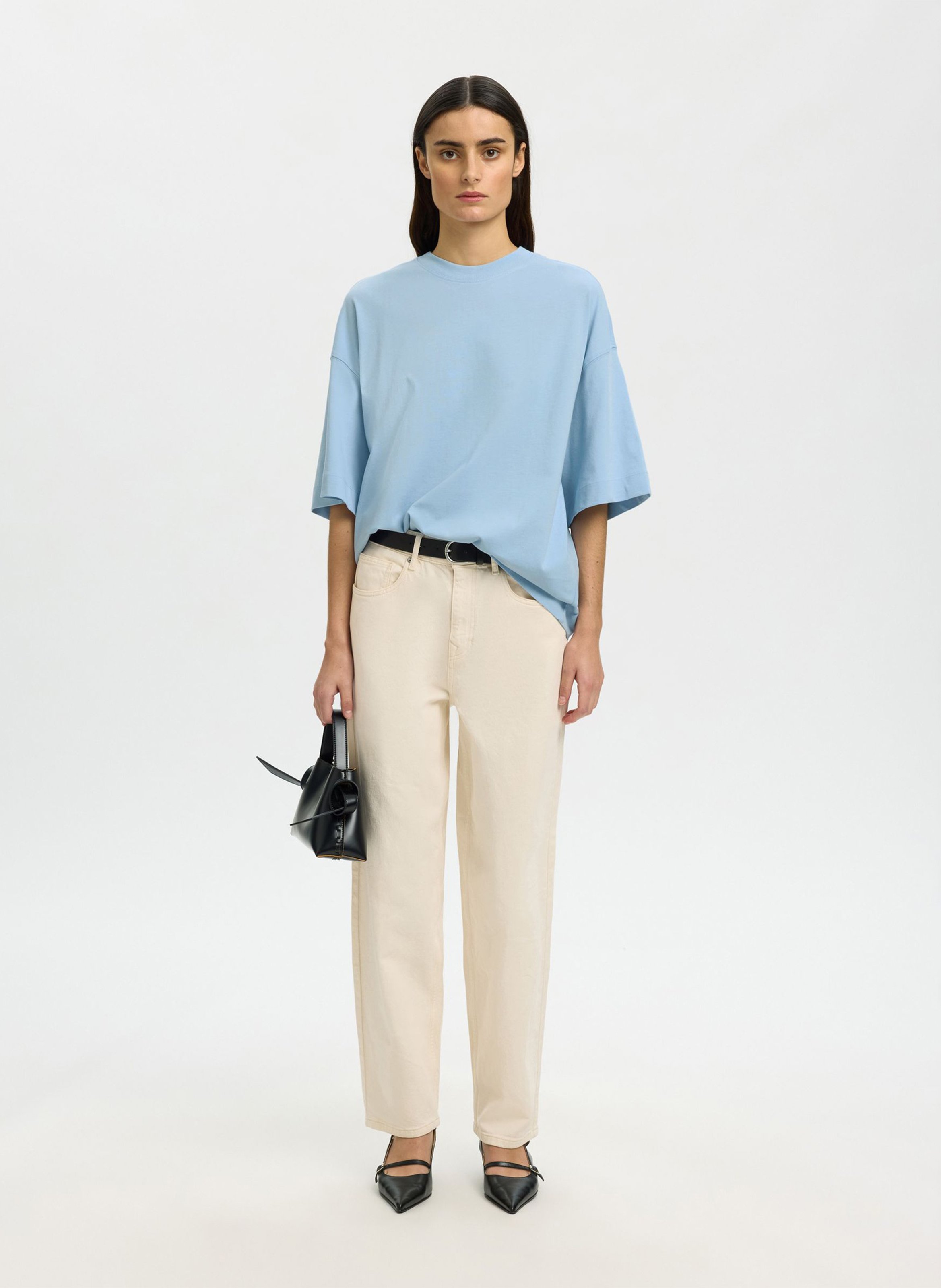 Oversized round neck organic cotton t-shirt SELECTED Blue