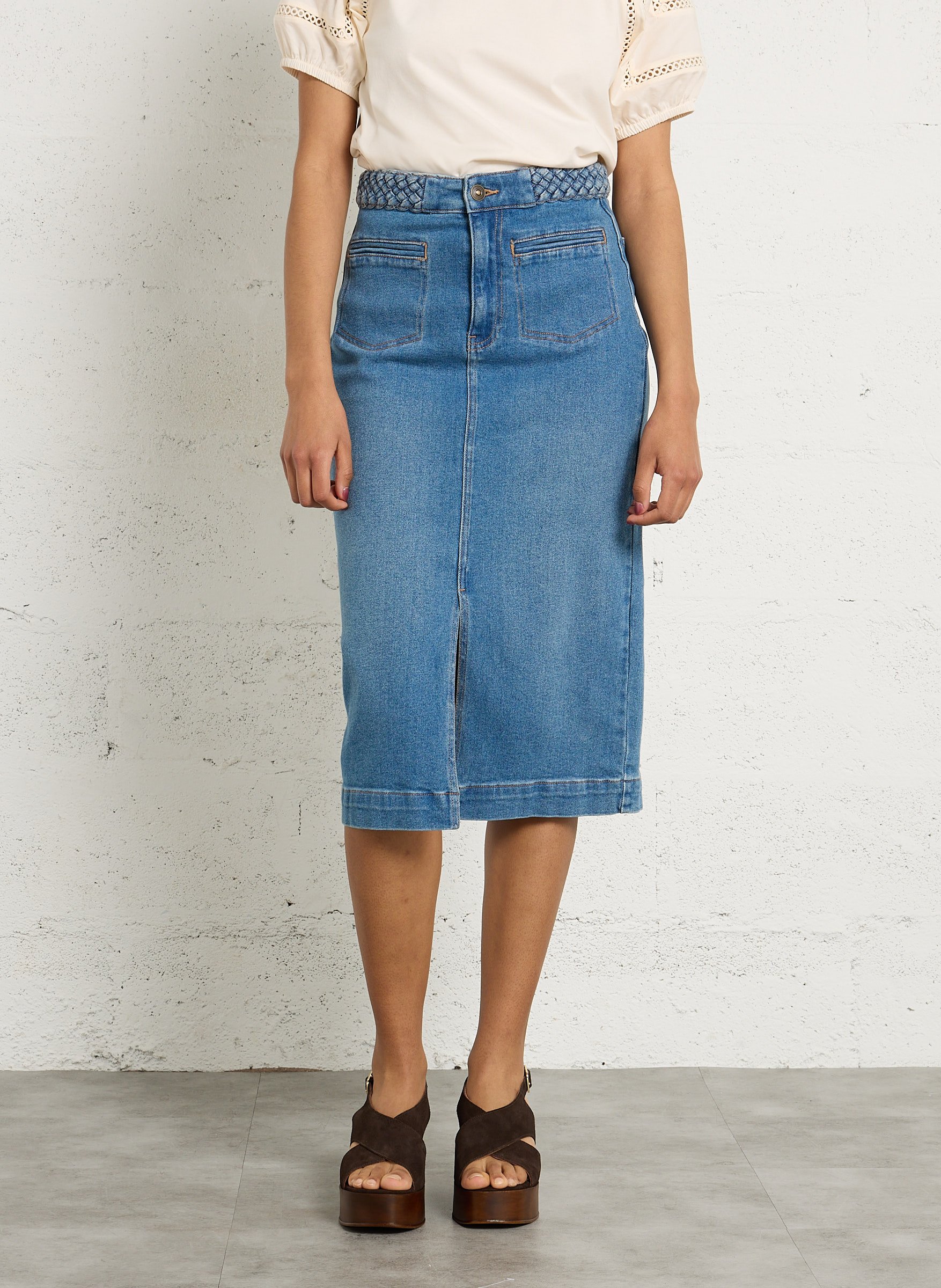 Midi-High-Waist-Jeansrock mit geflochtenen Details MAISON 123 Blau