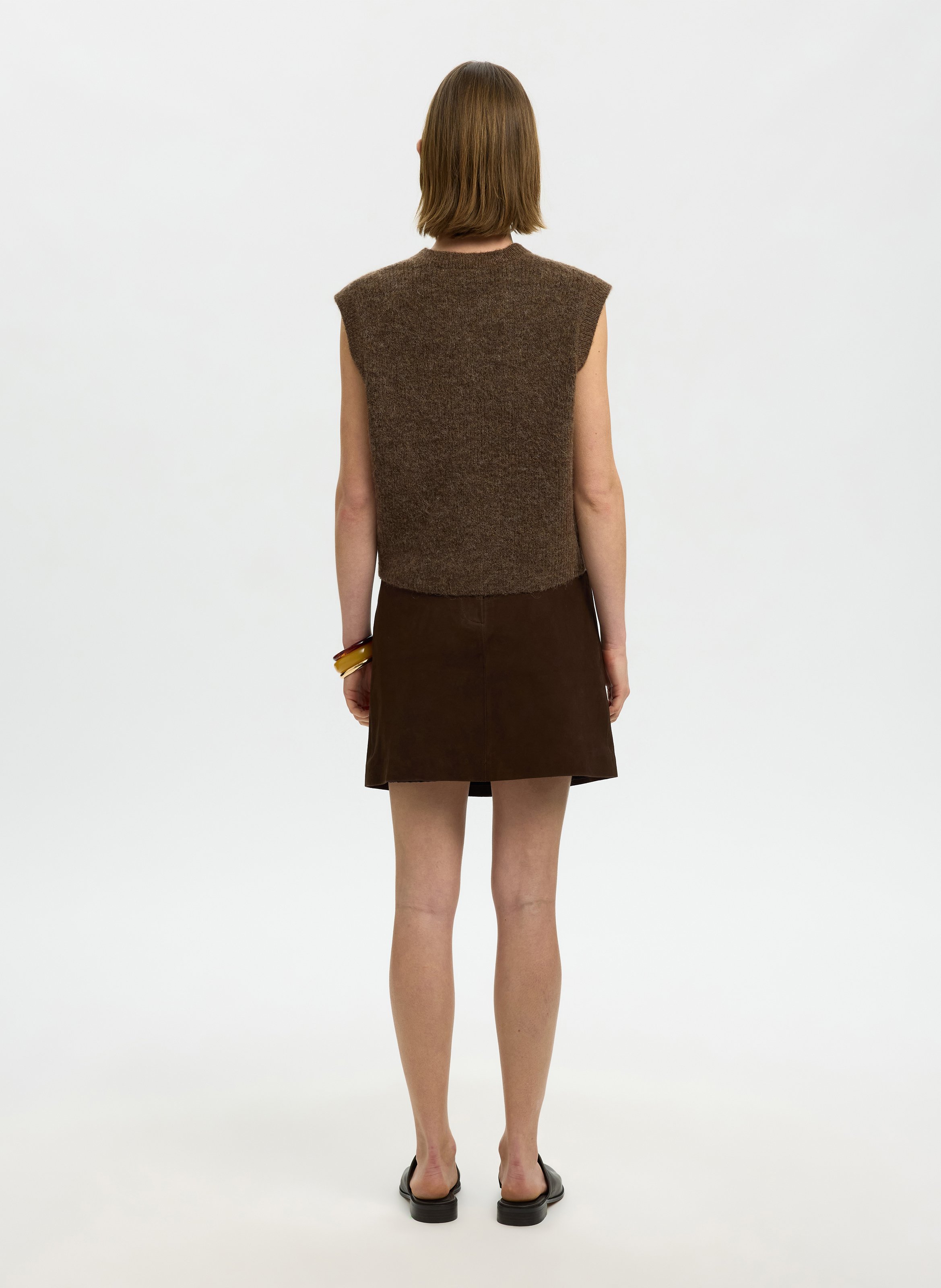 Gilet droit col rond en laine mélangée SELECTED Marron