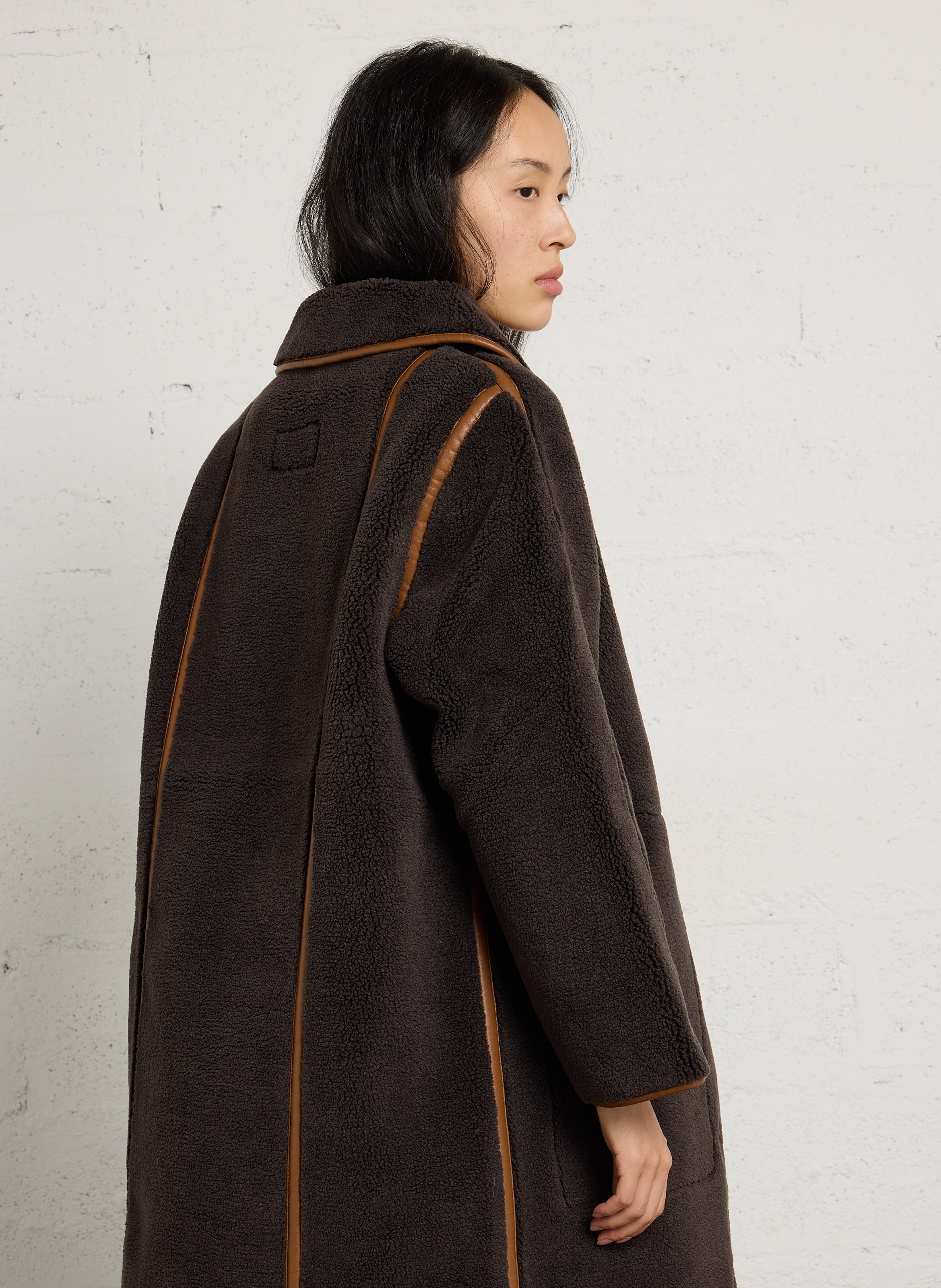 Straight coat with classic collar in faux leather THE TINY BIG SISTER Brown