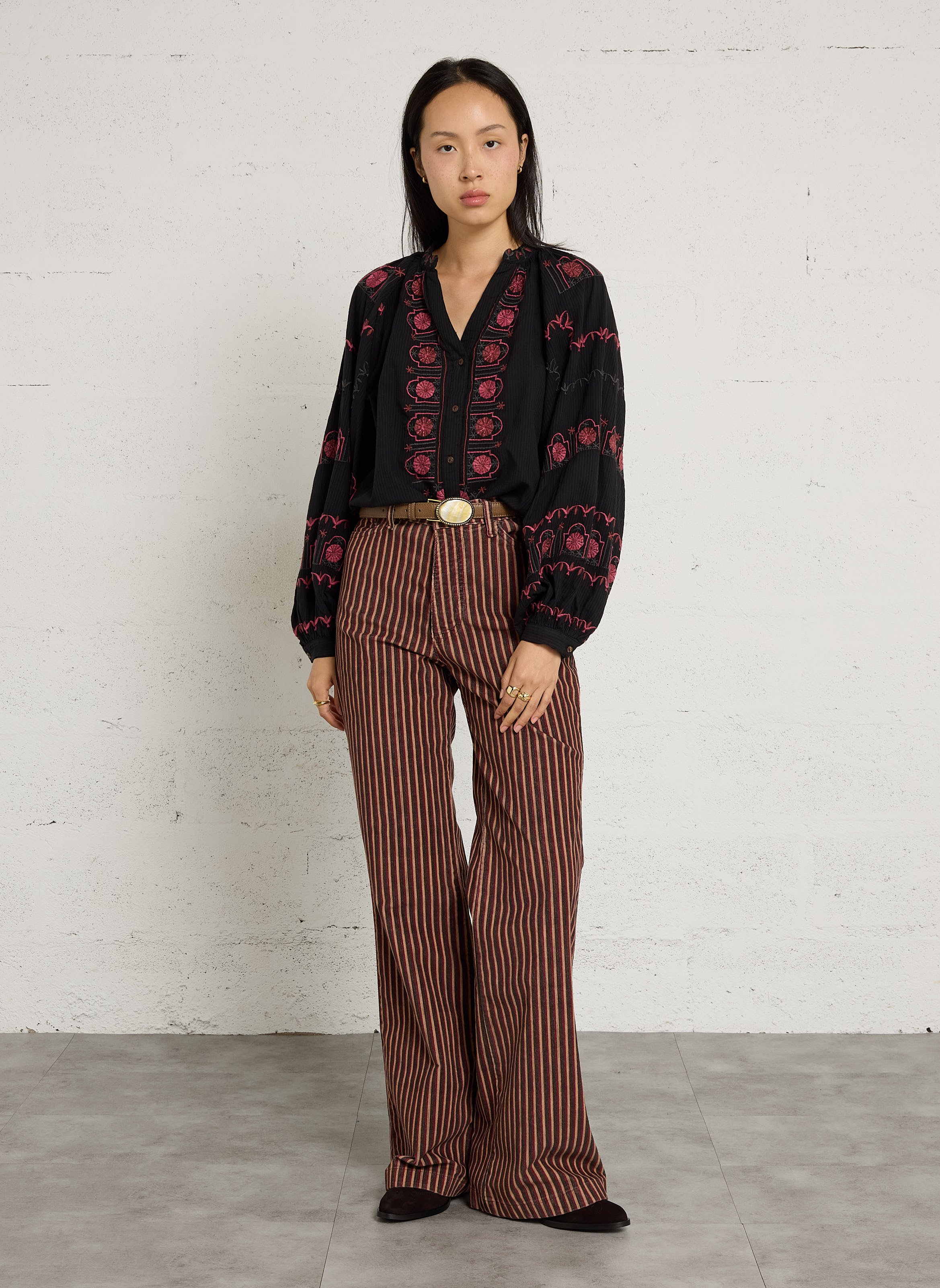 Wijde, gestreepte broek | katoenblend MAISON HOTEL Bruin